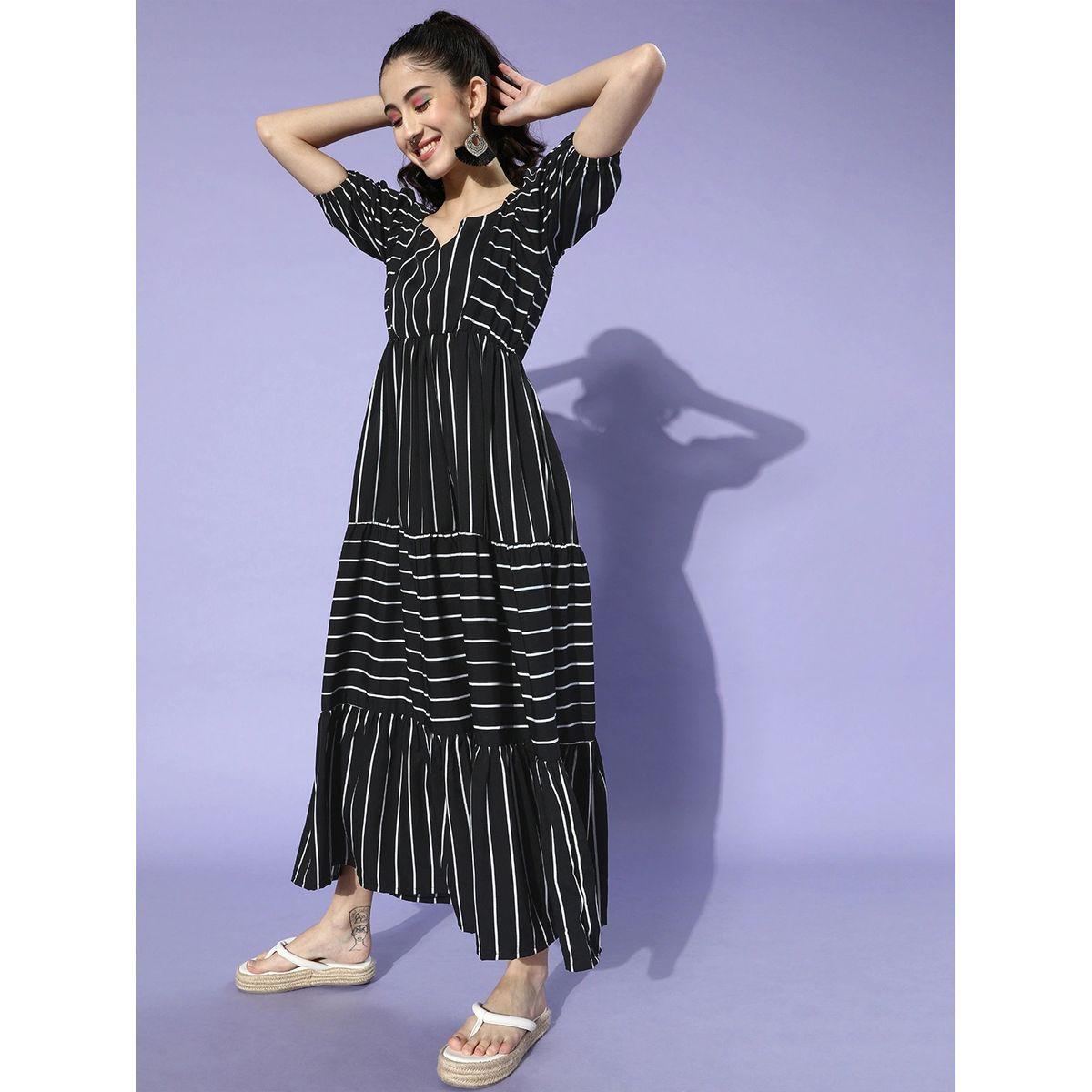 فستان مخطط طويل بياقة على شكل قلب يو آند إف × ستايلي-women-clothing-dresses-image-2