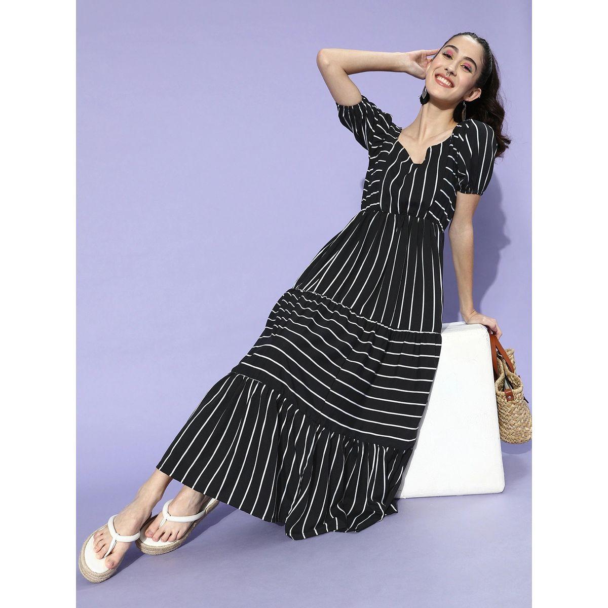 فستان مخطط طويل بياقة على شكل قلب يو آند إف × ستايلي-women-clothing-dresses-image-3