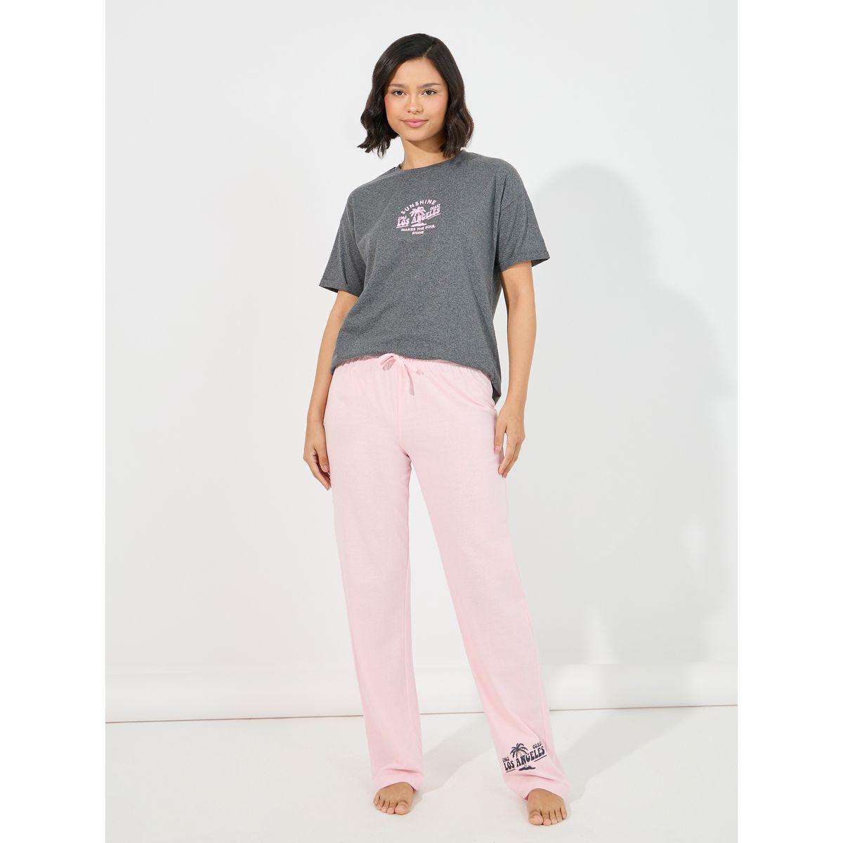 Styli Unwind Sunshine LA Print Dropped Shoulder T-Shirt & Pyjama Set-women-clothing-nightwear-pyjamas-longsets-image-1