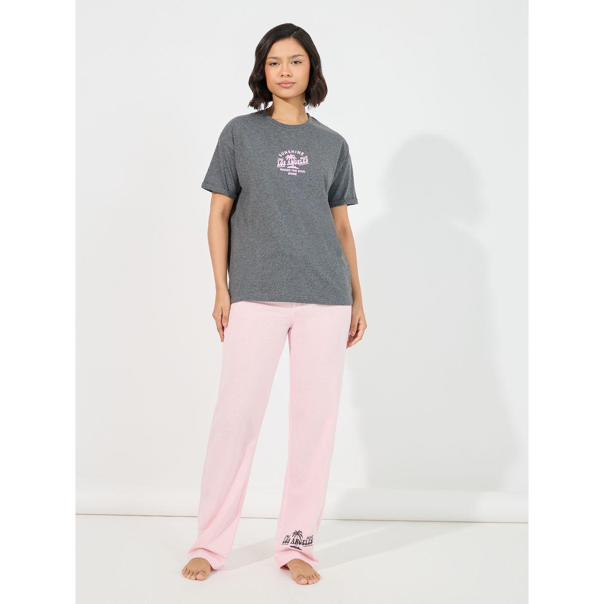 Styli Unwind Sunshine LA Print Dropped Shoulder T-Shirt & Pyjama Set-women-clothing-nightwear-pyjamas-longsets-image-2