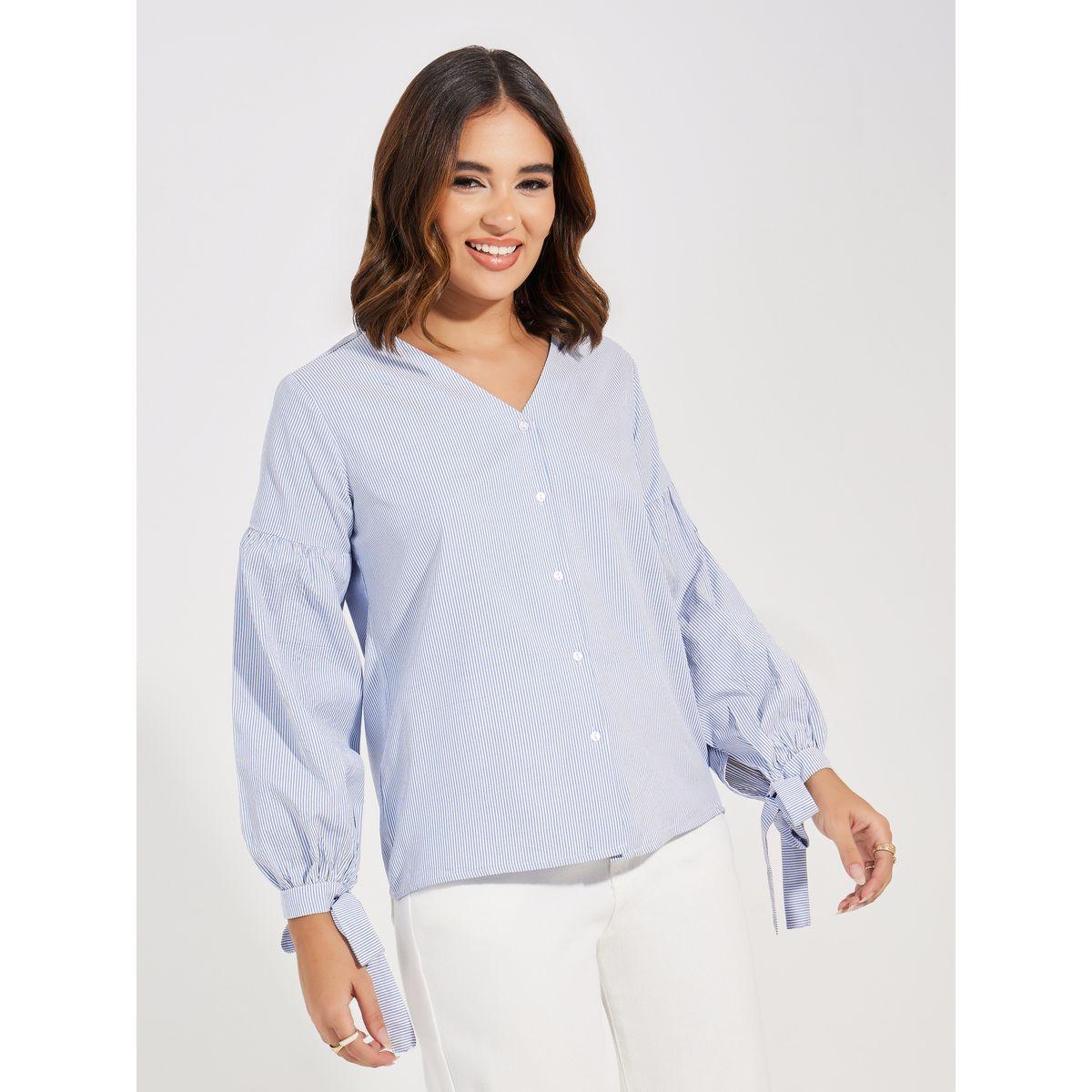 بلوزة مخططة مع اكمام طويلة بأربطة-women-clothing-shirtsandblouses-blouses-image-1