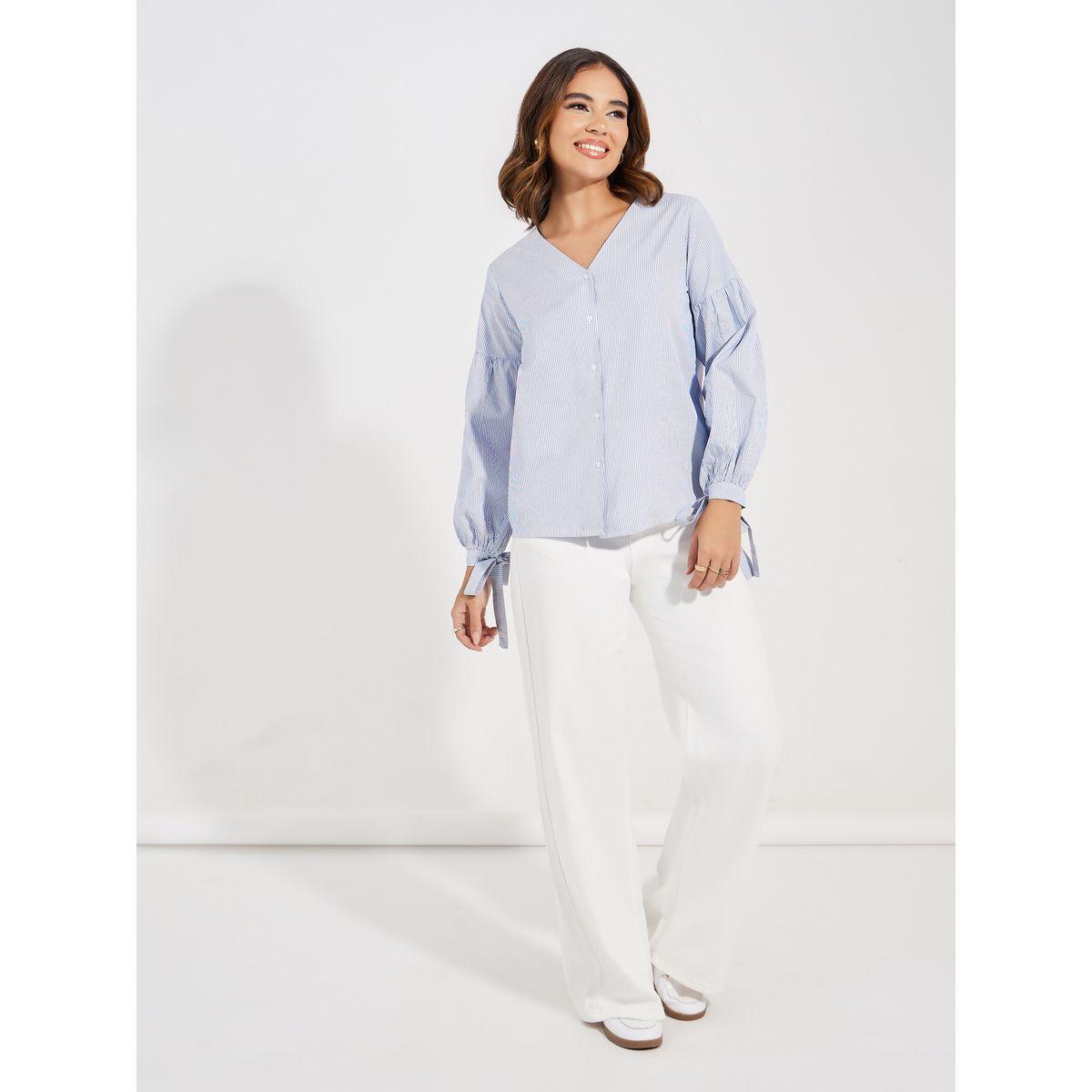 Styli Striped V Neck Blouse with Tie-Cuff Sleeves-women-clothing-shirtsandblouses-blouses-image-2