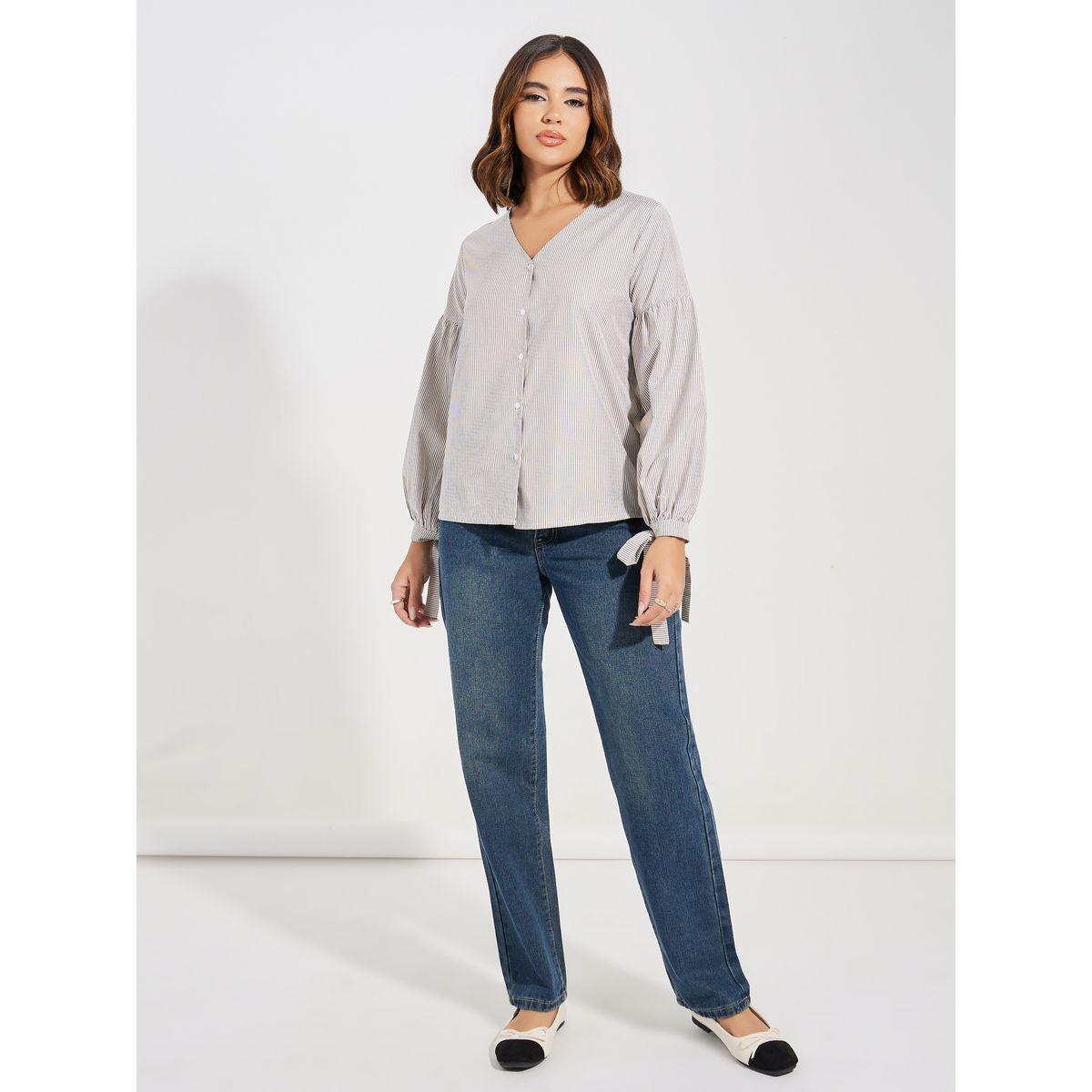 بلوزة مخططة مع اكمام طويلة بأربطة-women-clothing-shirtsandblouses-blouses-image-1