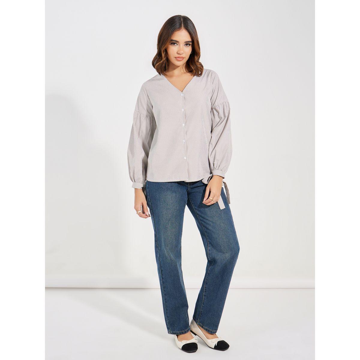 بلوزة مخططة مع اكمام طويلة بأربطة-women-clothing-shirtsandblouses-blouses-image-2