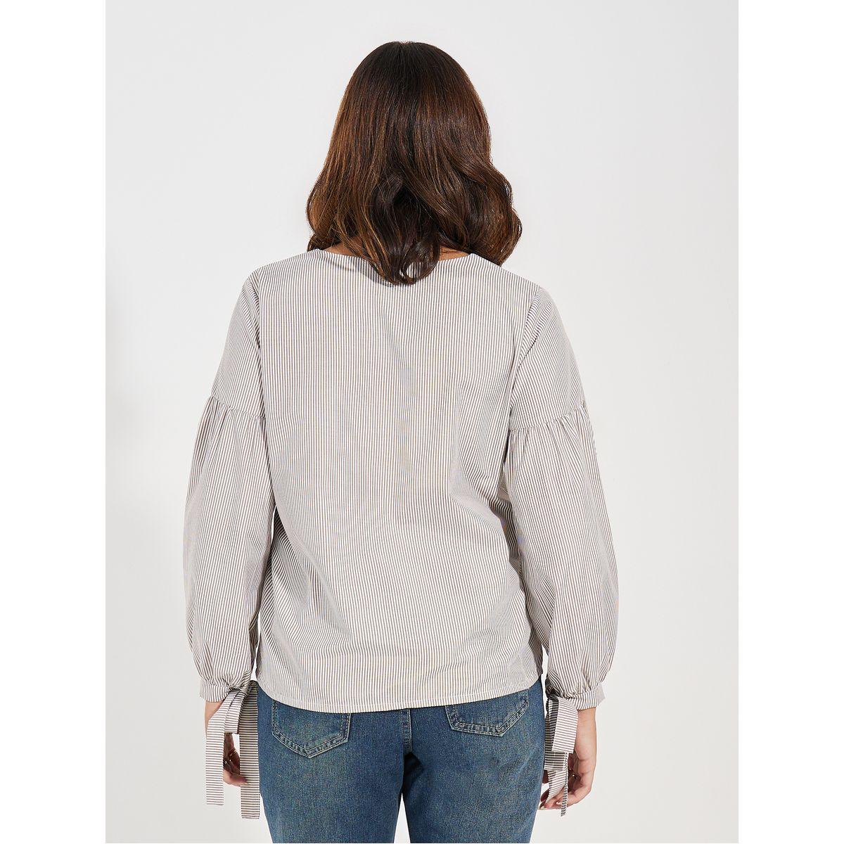 Styli Striped V Neck Blouse with Tie-Cuff Sleeves-women-clothing-shirtsandblouses-blouses-image-4