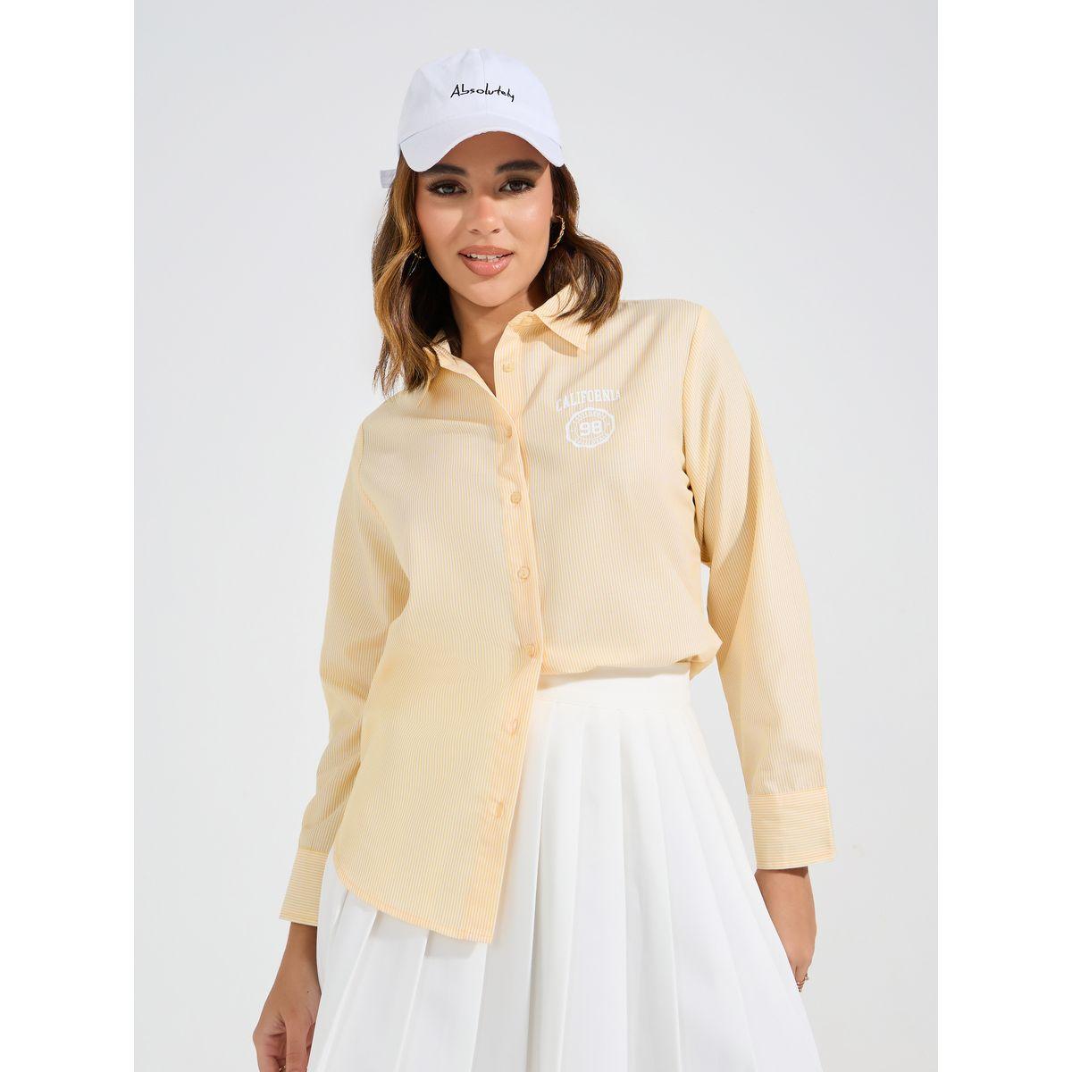 Styli Striped Cotton Button Down Shirt with Printed Logo Detail-women-clothing-shirtsandblouses-shirts-image-1