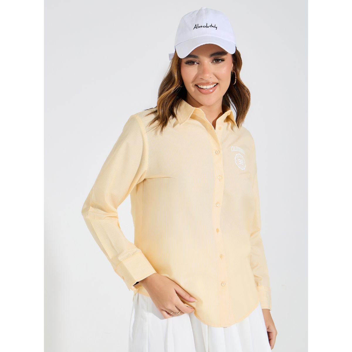 Styli Striped Cotton Button Down Shirt with Printed Logo Detail-women-clothing-shirtsandblouses-shirts-image-3