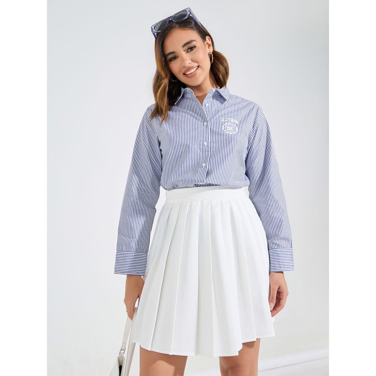 Styli Striped Cotton Button Down Shirt with Printed Logo Detail-women-clothing-shirtsandblouses-shirts-image-1