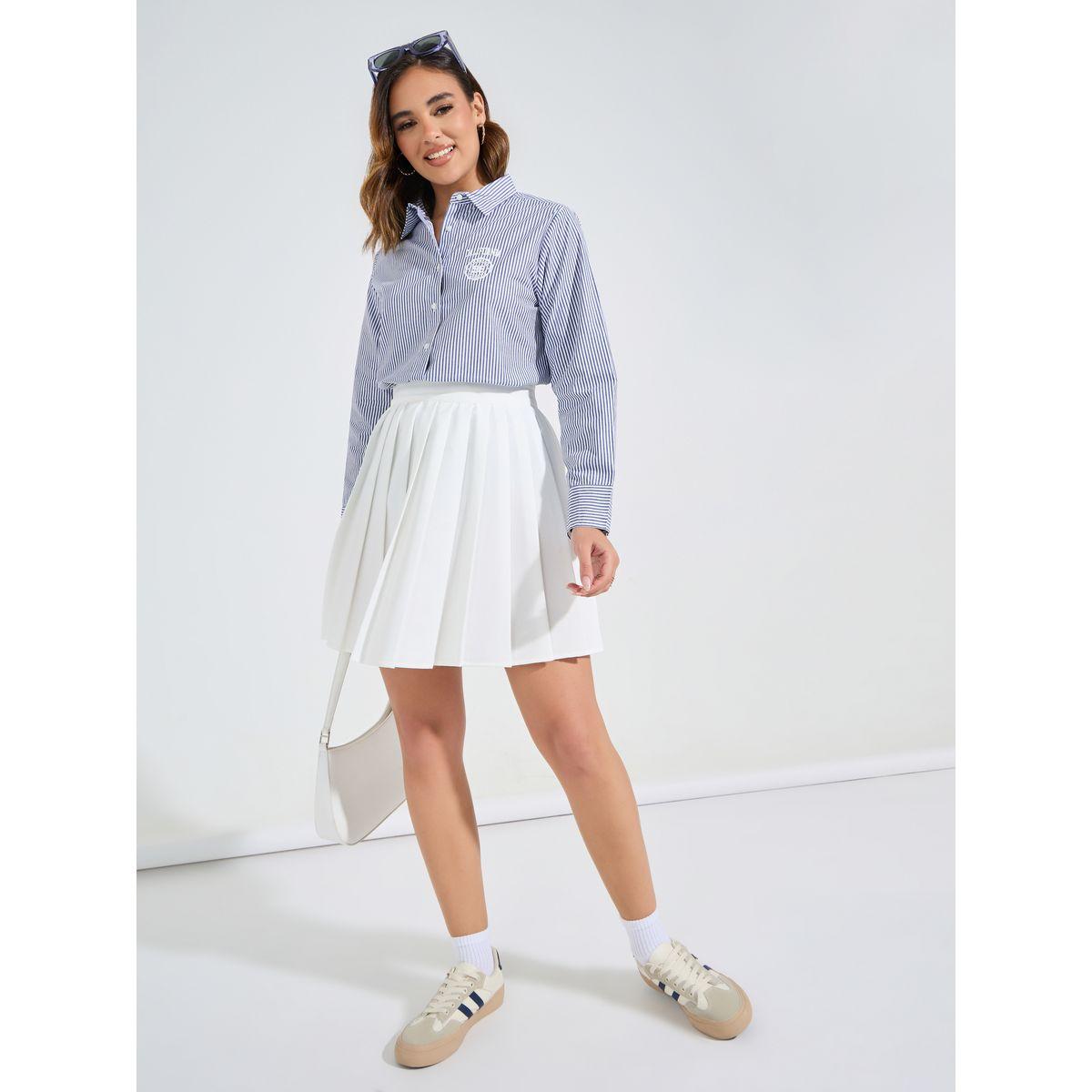 Styli Striped Cotton Button Down Shirt with Printed Logo Detail-women-clothing-shirtsandblouses-shirts-image-2