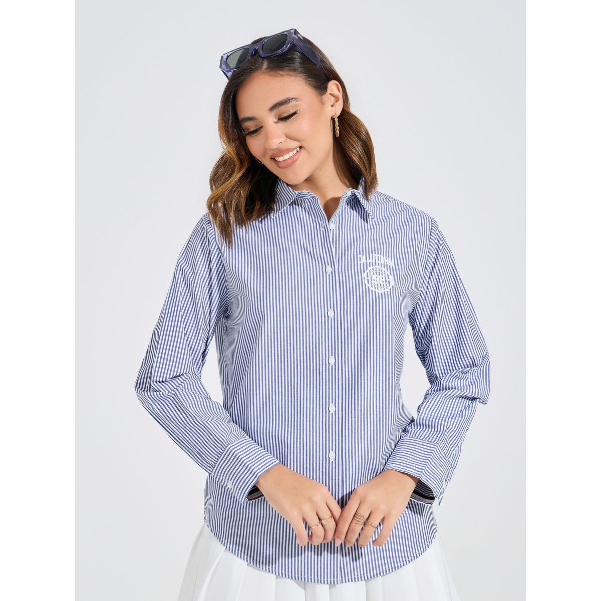 Styli Striped Cotton Button Down Shirt with Printed Logo Detail-women-clothing-shirtsandblouses-shirts-image-3