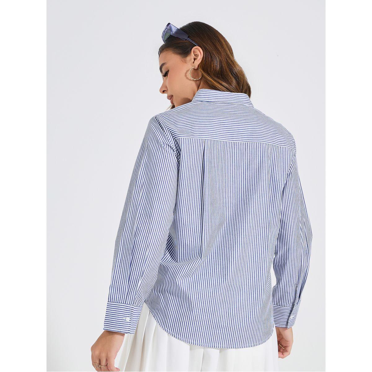 Styli Striped Cotton Button Down Shirt with Printed Logo Detail-women-clothing-shirtsandblouses-shirts-image-5