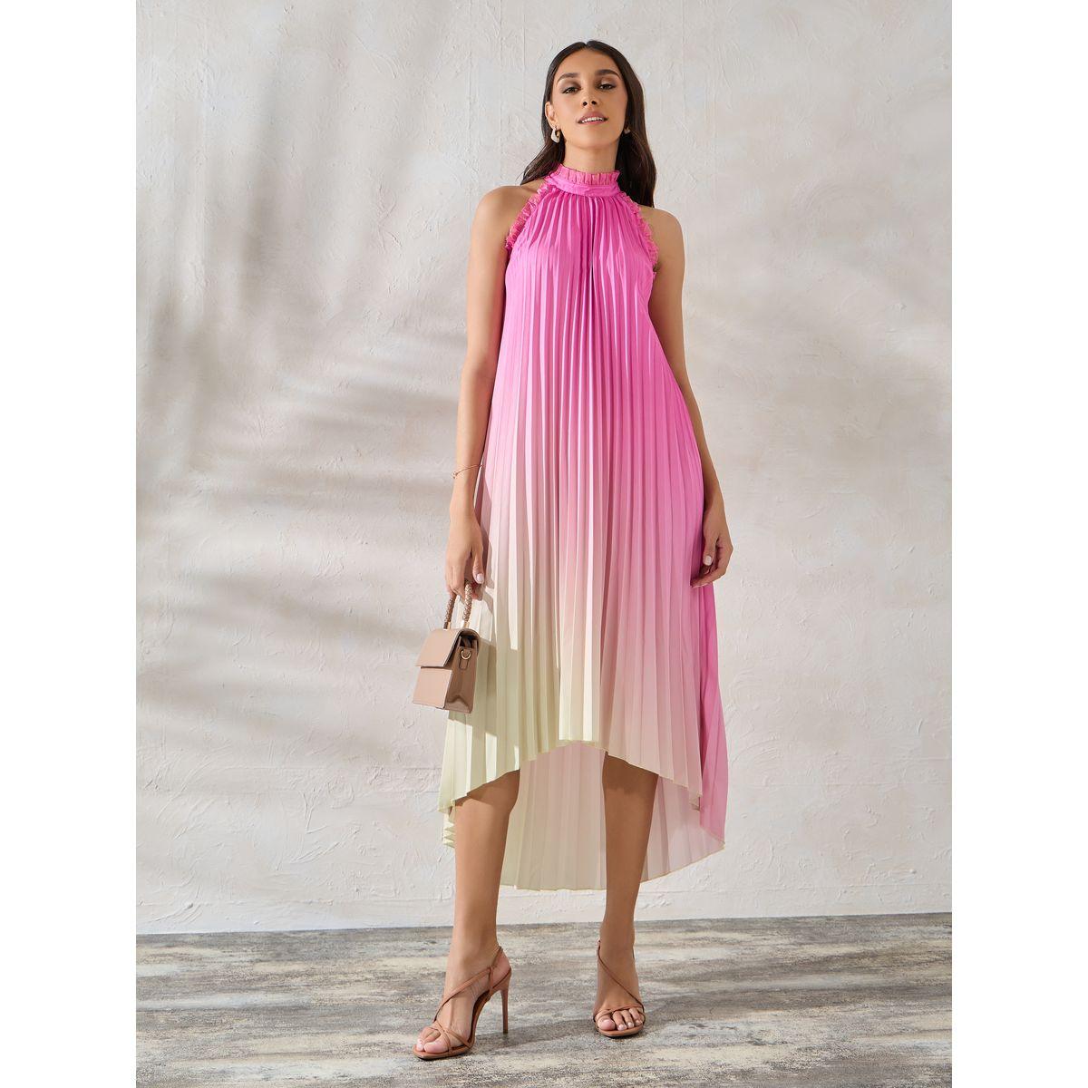 Styli Limited Ombre Look High-Low Hem Midi Dress with Halter Neck-women-clothing-dresses-image-1