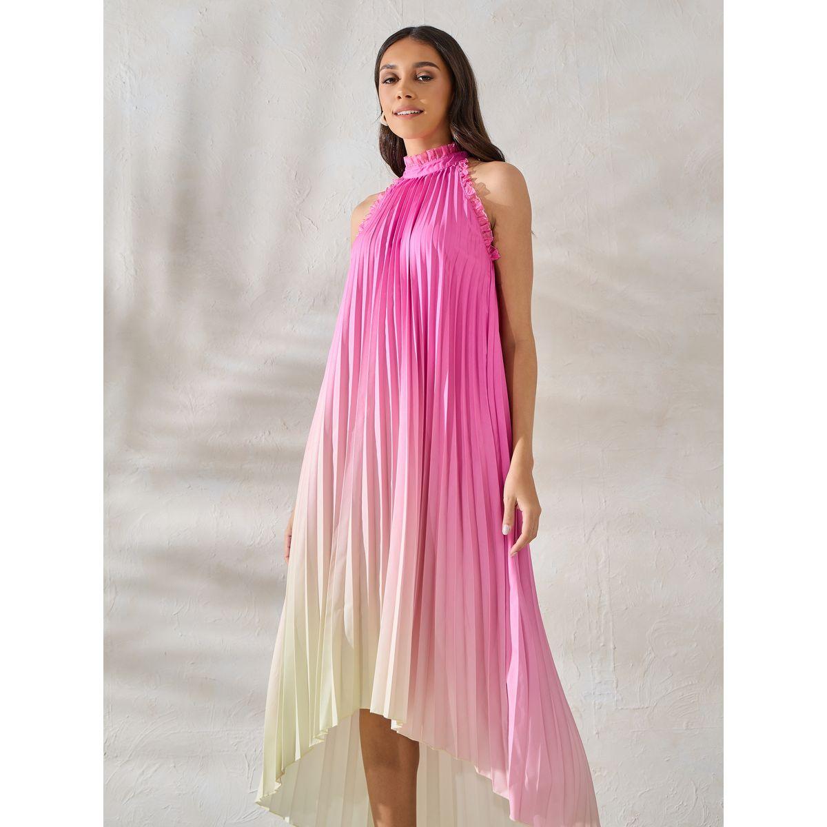 Styli Limited Ombre Look High-Low Hem Midi Dress with Halter Neck-women-clothing-dresses-image-2