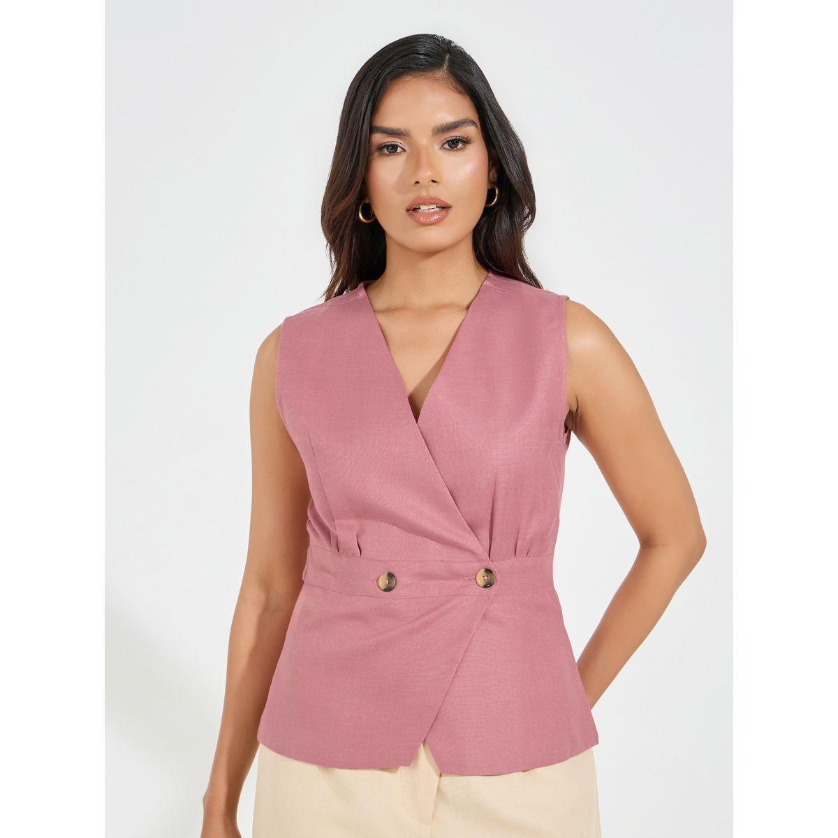 Styli Solid V Neck Wrap Top with Button Detail-women-clothing-shirtsandblouses-blouses-image-1