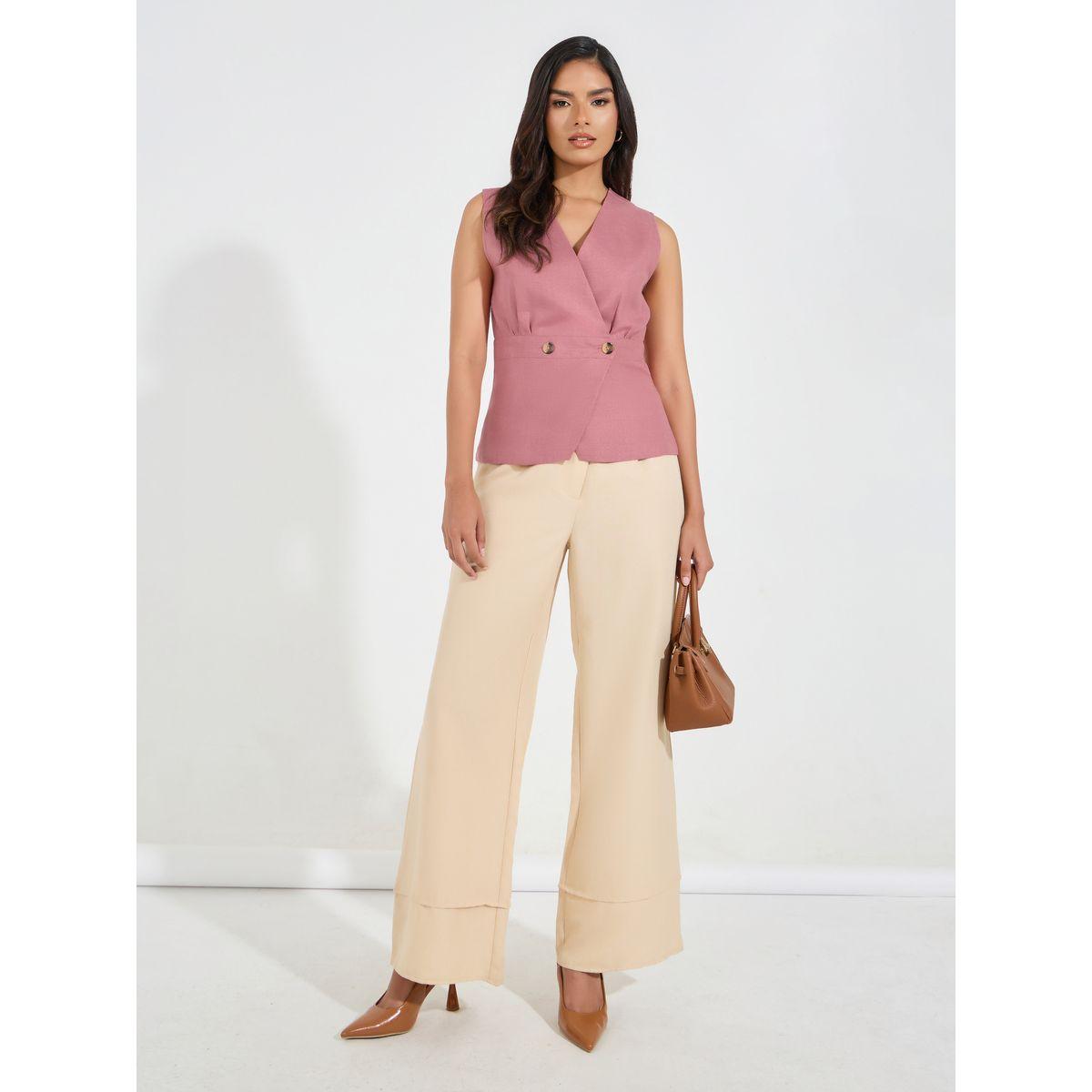 Styli Solid V Neck Wrap Top with Button Detail-women-clothing-shirtsandblouses-blouses-image-2