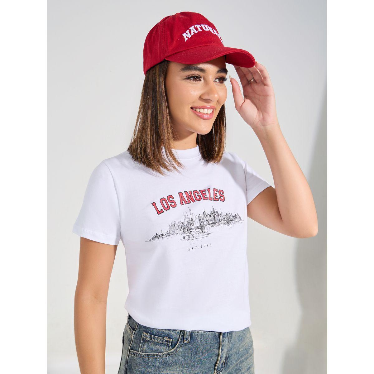 تيشيرت مطبع بكتابة مع قصة عادية-women-clothing-tshirts-image-1