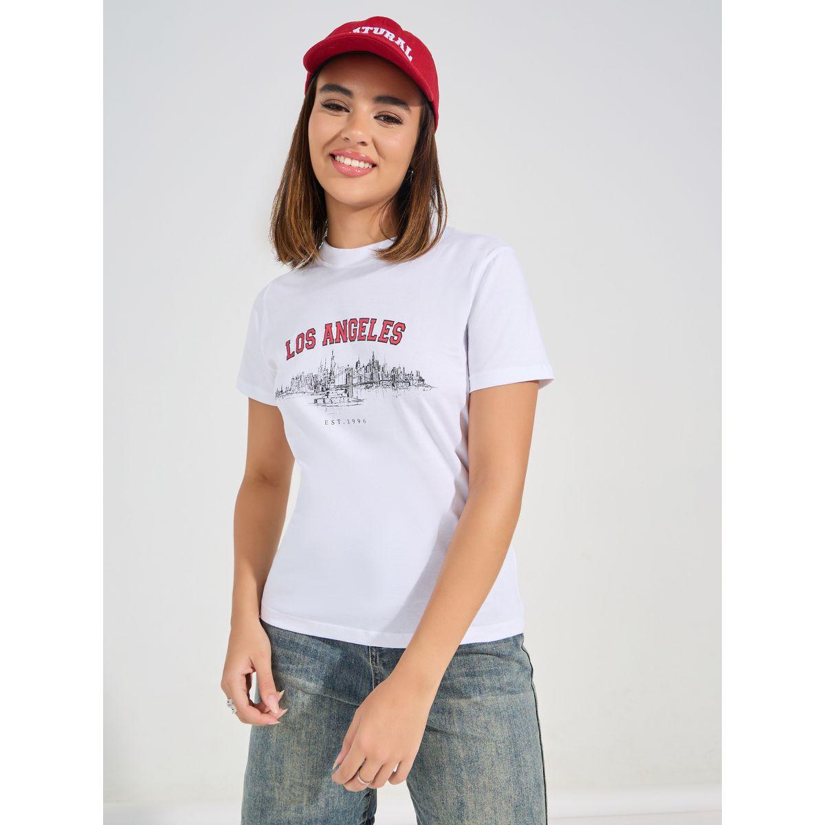 تيشيرت مطبع بكتابة مع قصة عادية-women-clothing-tshirts-image-3