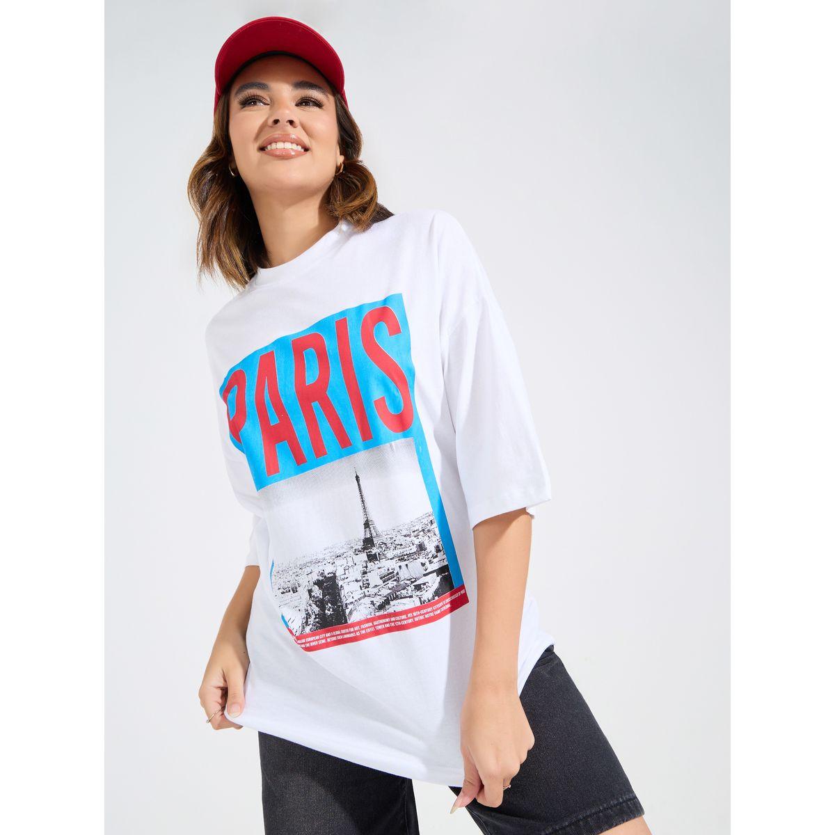 تيشيرت فضفاض بطبعة جرافيك مع اكتاف منخفضة-women-clothing-tshirts-image-1