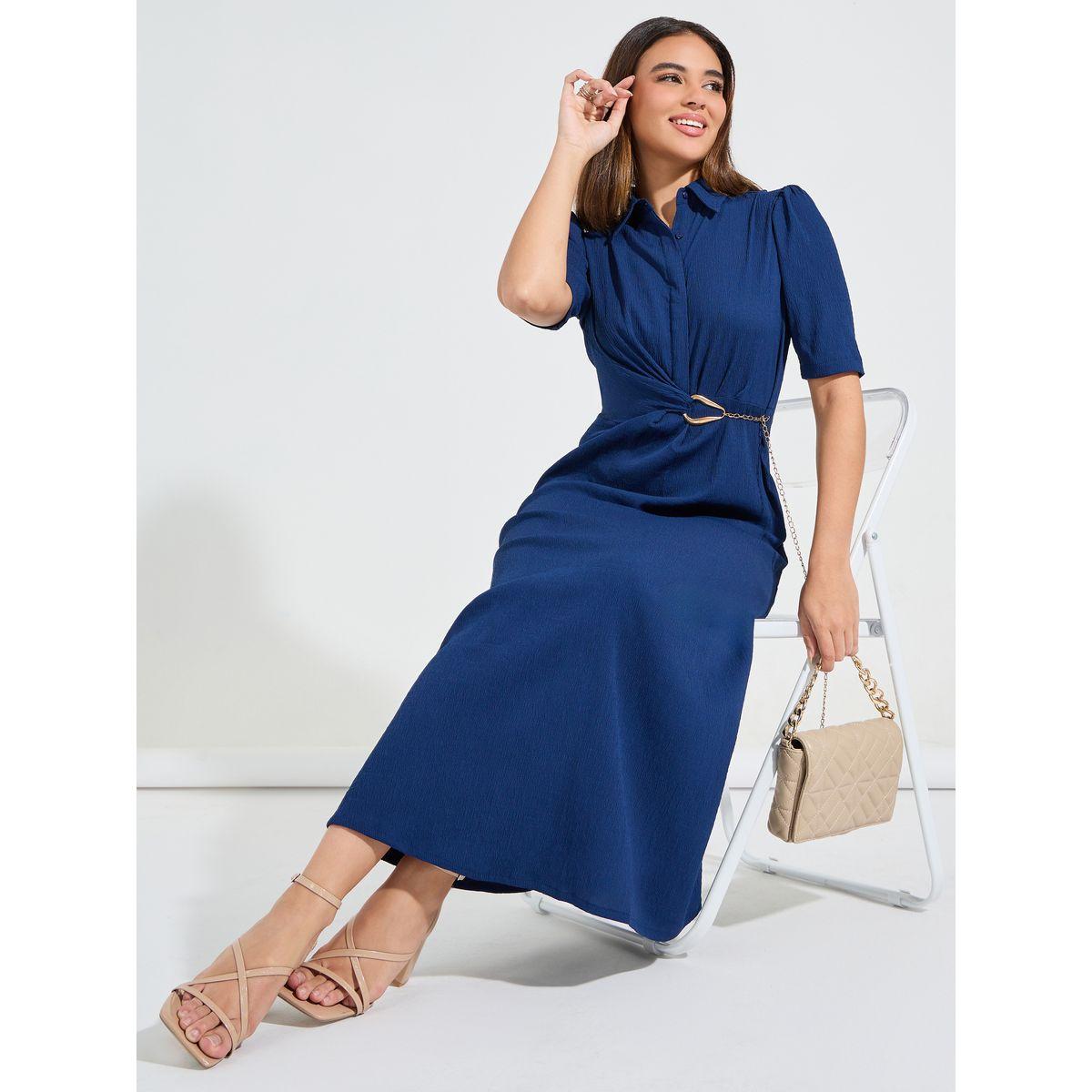 Styli Elevate Solid A-Line Maxi Dress with Belt Detail-women-clothing-dresses-image-1