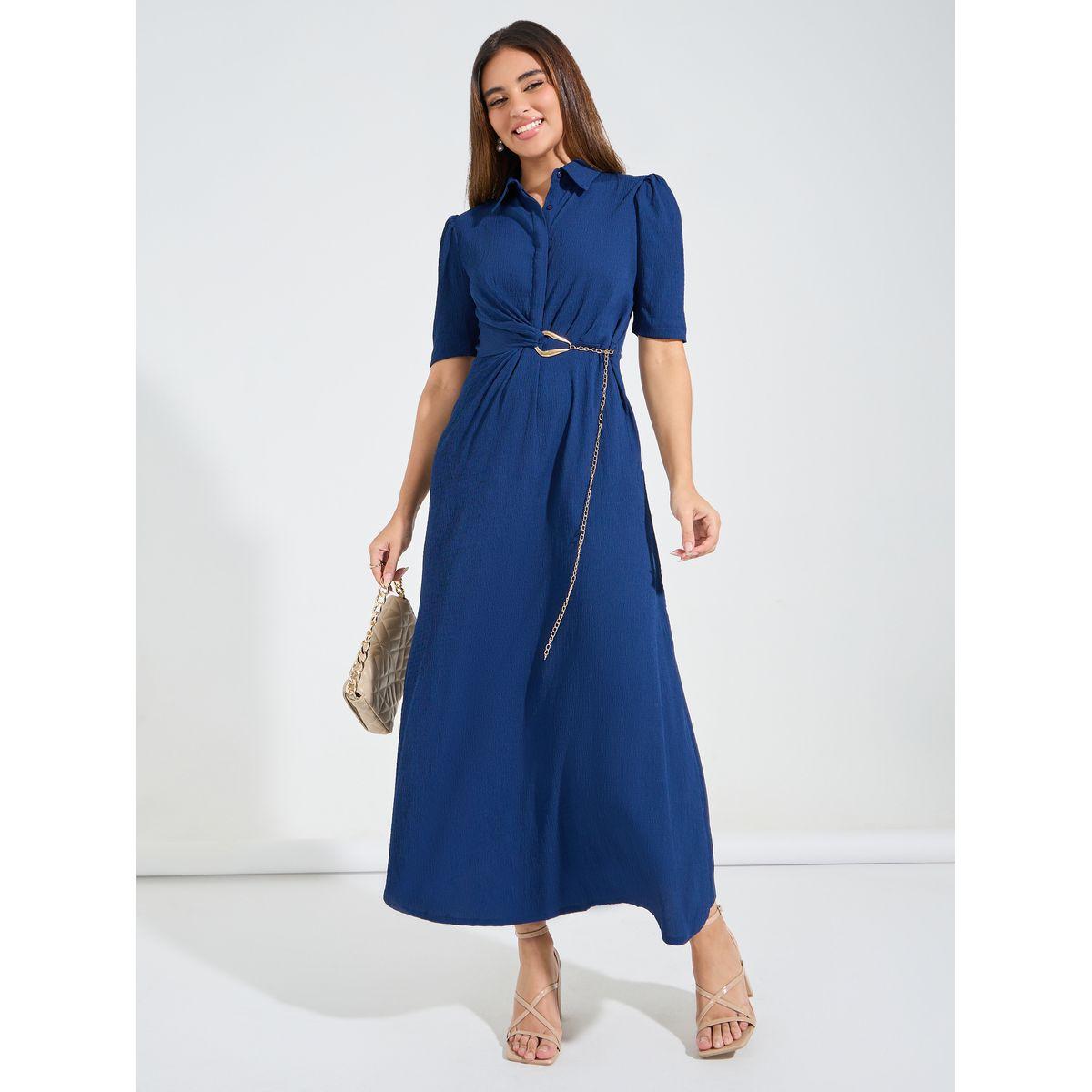 Styli Elevate Solid A-Line Maxi Dress with Belt Detail-women-clothing-dresses-image-2