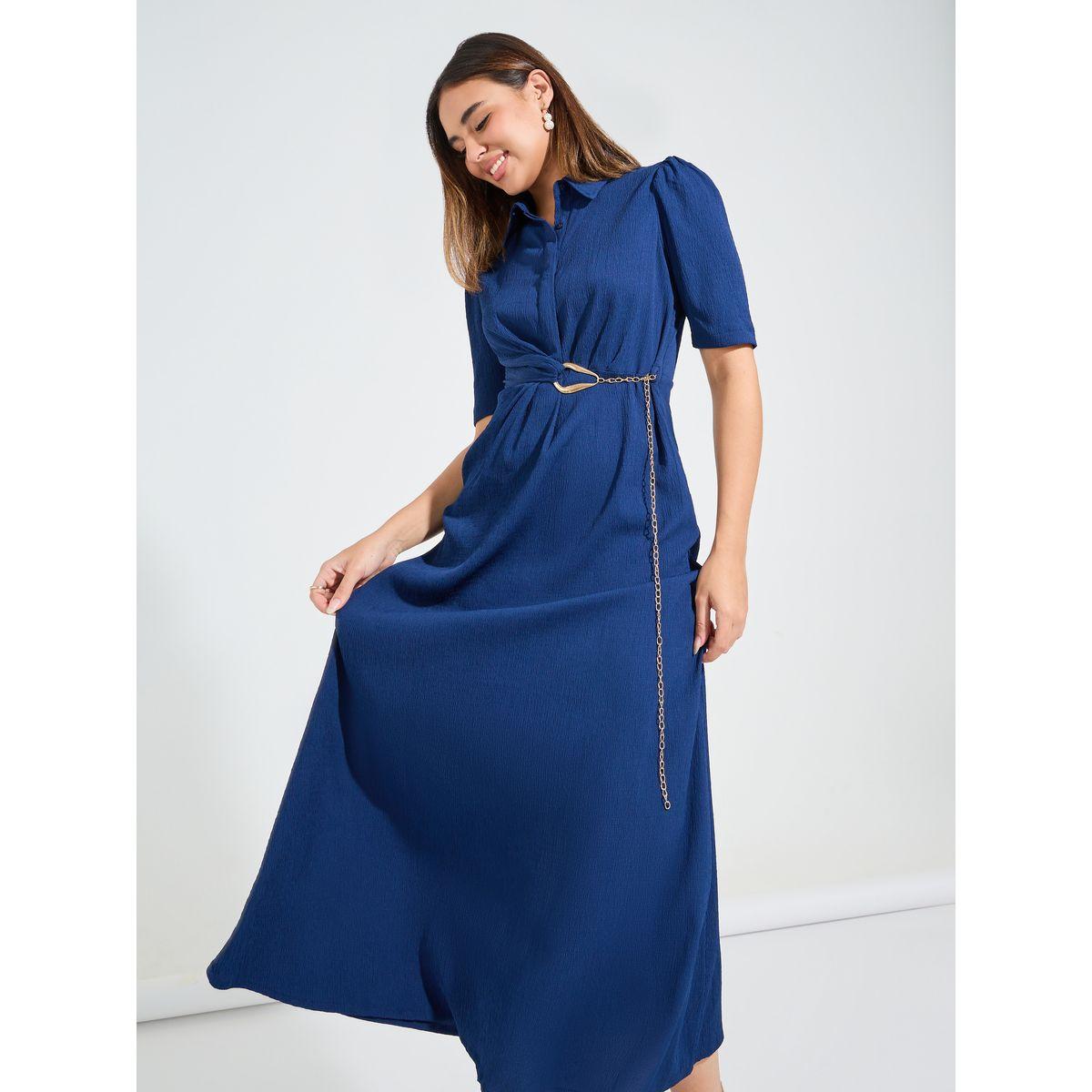 Styli Elevate Solid A-Line Maxi Dress with Belt Detail-women-clothing-dresses-image-3