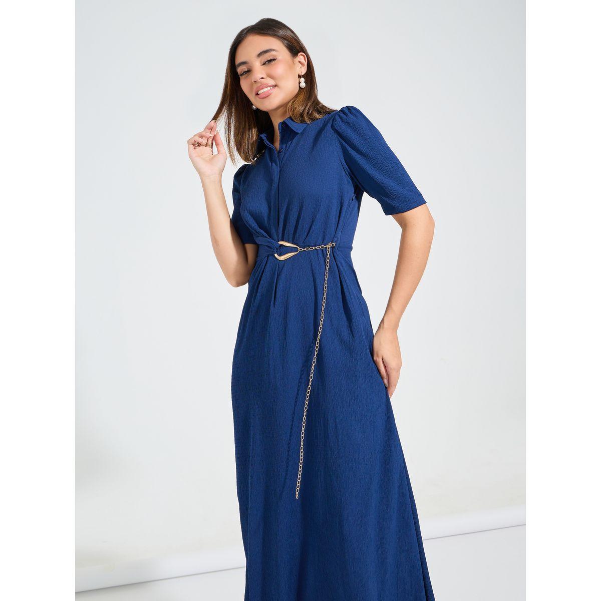 Styli Elevate Solid A-Line Maxi Dress with Belt Detail-women-clothing-dresses-image-4