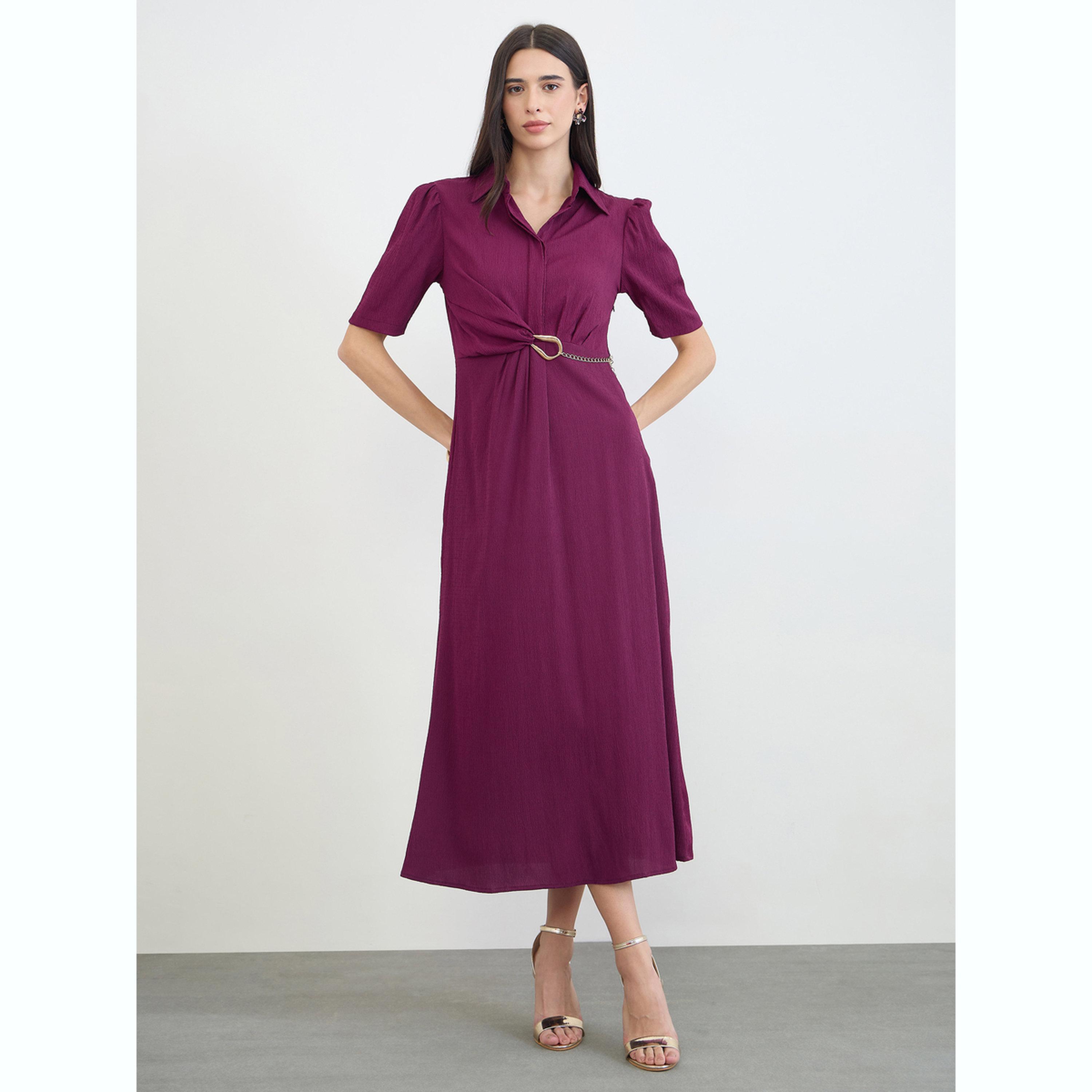 Styli Burgundy Puff Sleeve Shirt Maxi Dress with Chain Belt-women-clothing-dresses-image-1