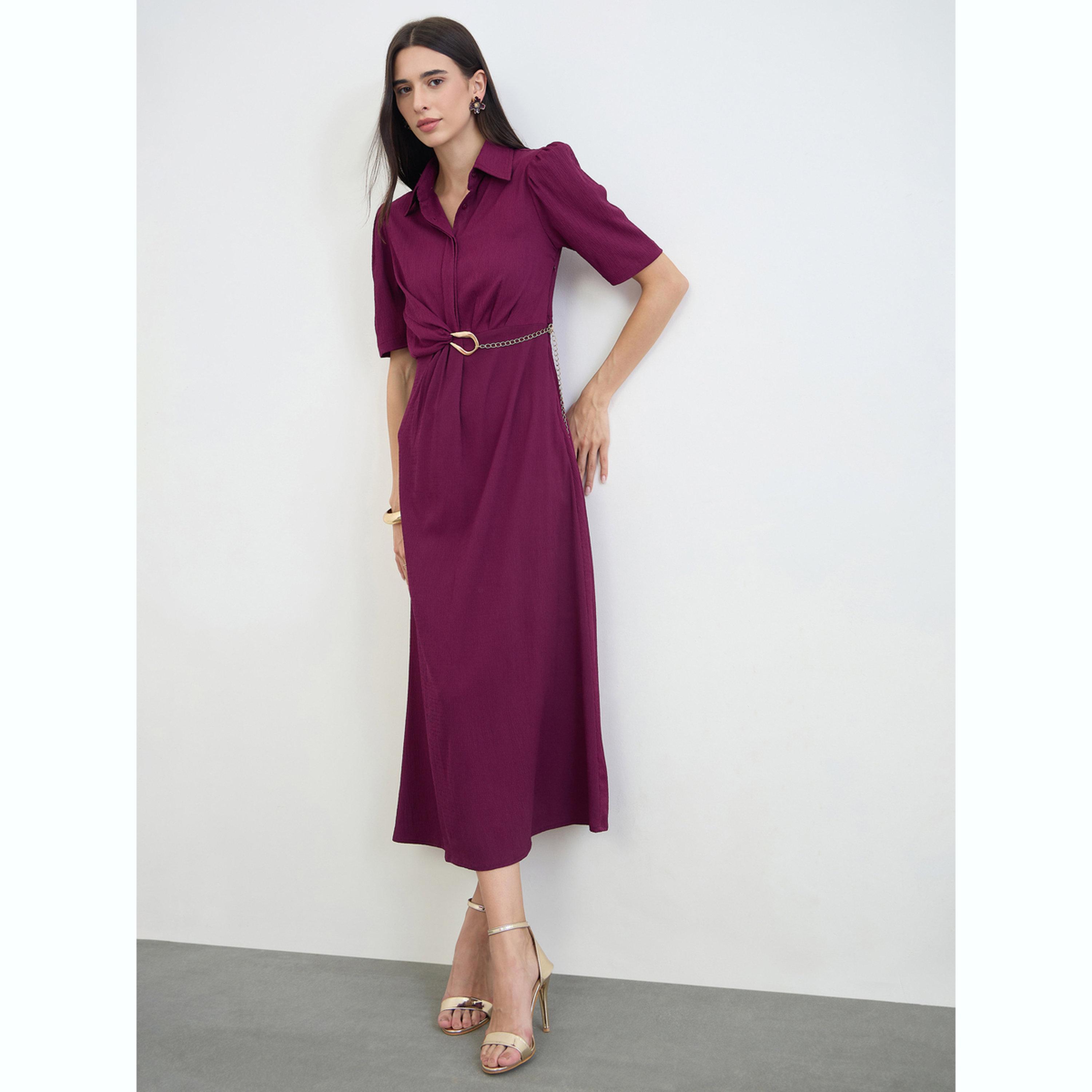 Styli Burgundy Puff Sleeve Shirt Maxi Dress with Chain Belt-women-clothing-dresses-image-2
