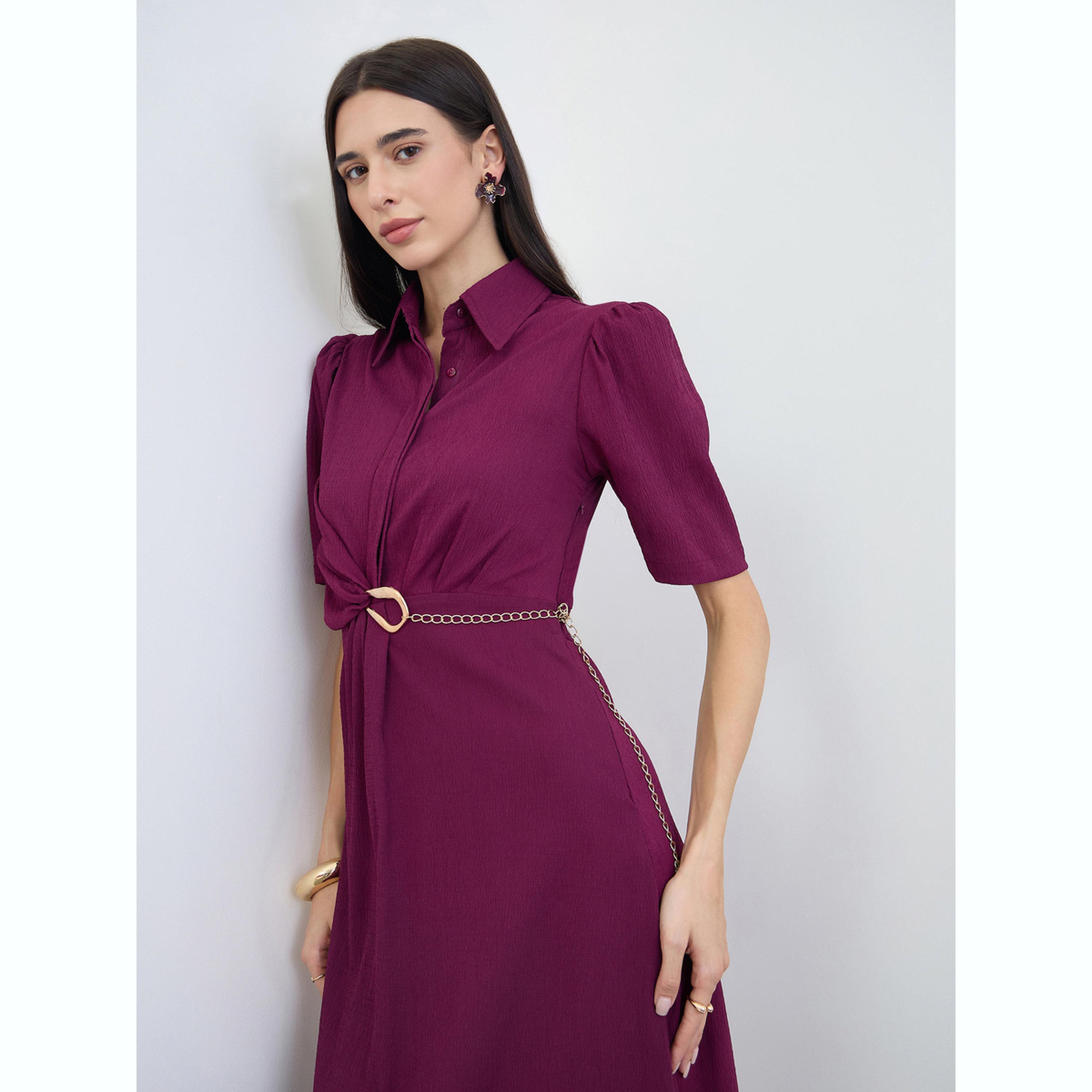 Styli Burgundy Puff Sleeve Shirt Maxi Dress with Chain Belt-women-clothing-dresses-image-3