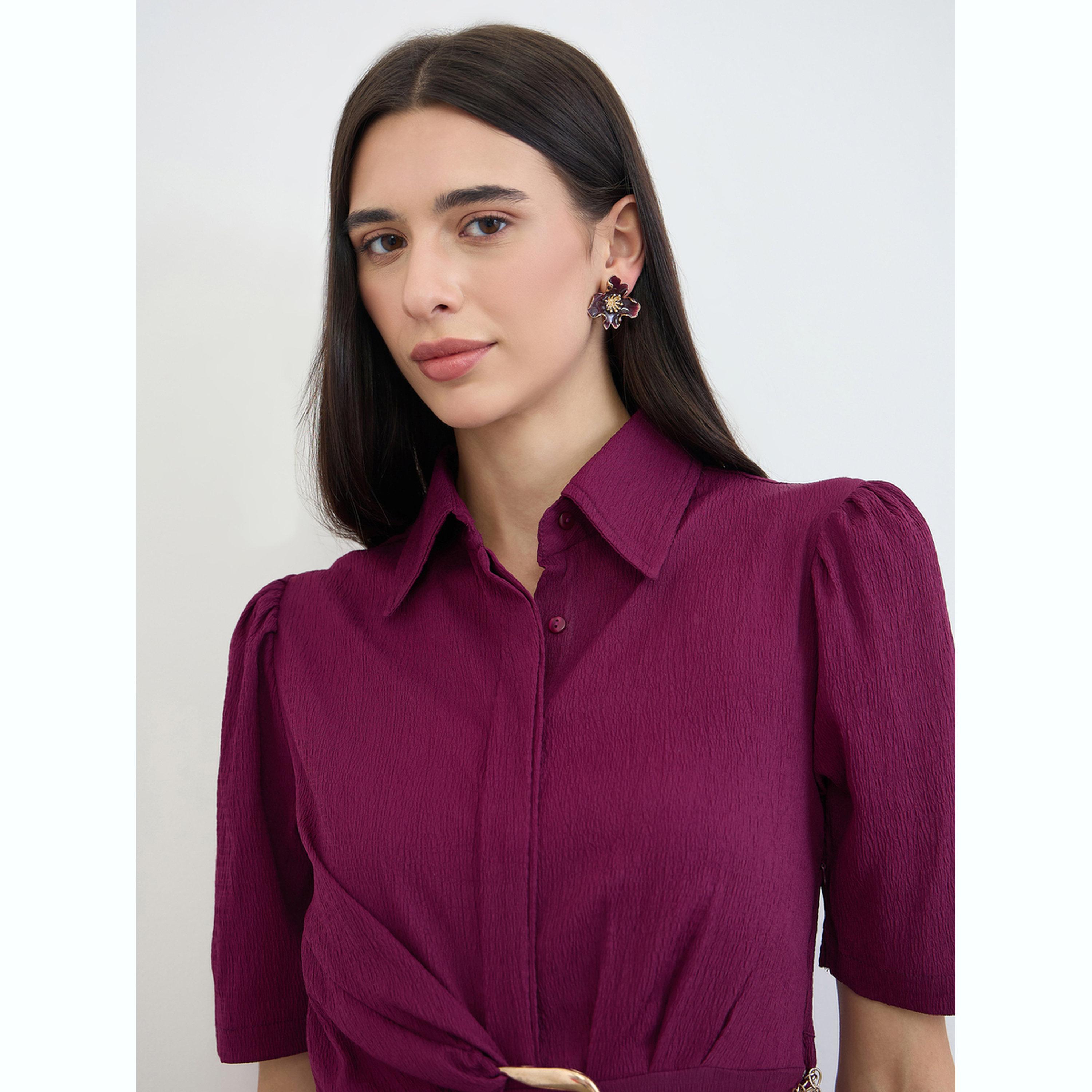 Styli Burgundy Puff Sleeve Shirt Maxi Dress with Chain Belt-women-clothing-dresses-image-4