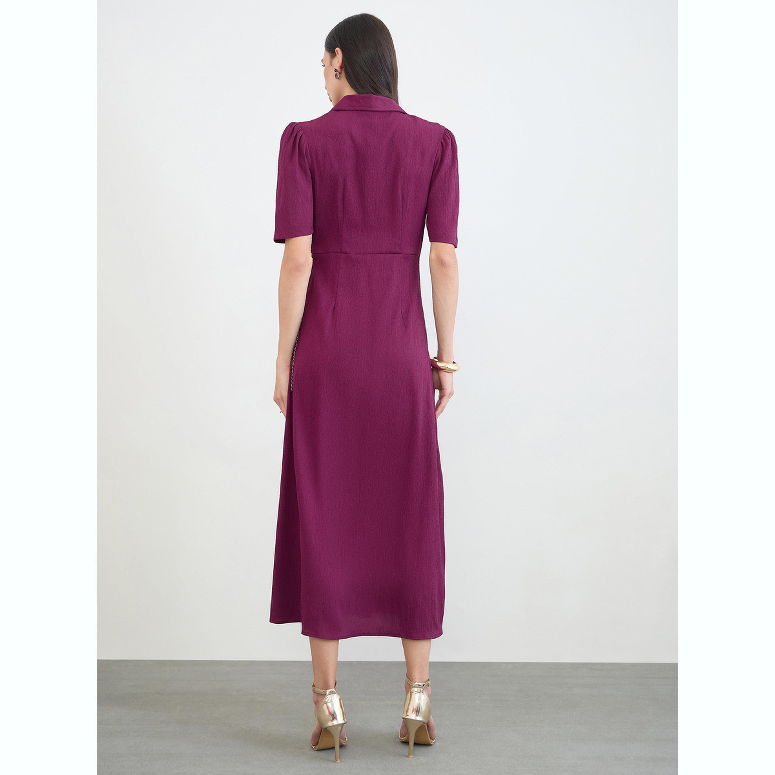 Styli Burgundy Puff Sleeve Shirt Maxi Dress with Chain Belt-women-clothing-dresses-image-5