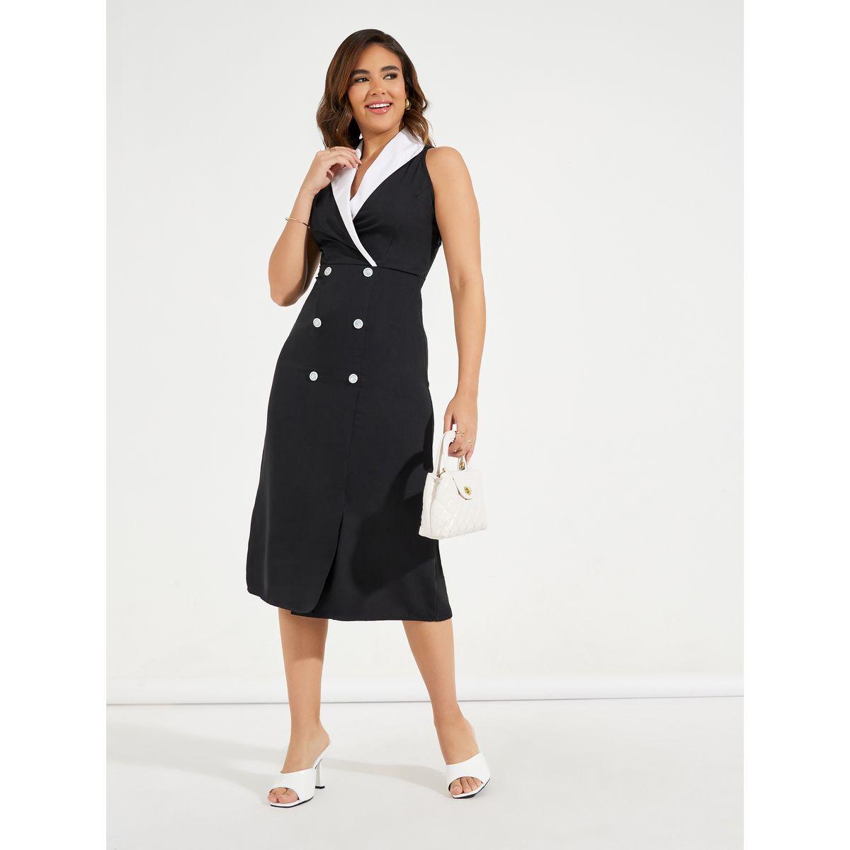 Styli Elevate Contrast Lapel Collar Button Blazer Midi Dress-women-clothing-dresses-image-1