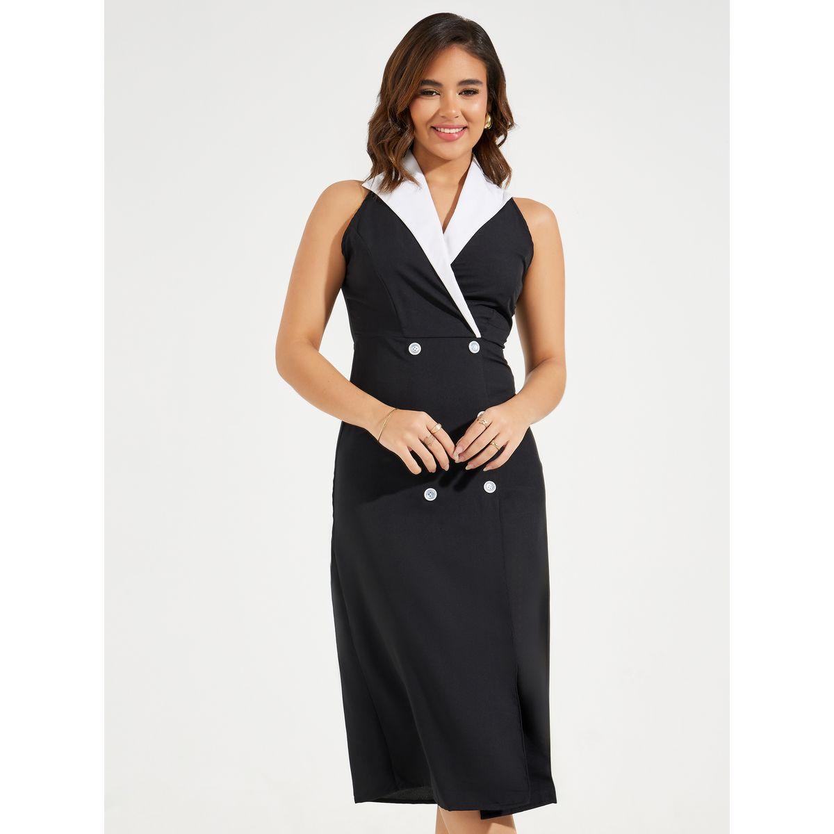 Styli Elevate Contrast Lapel Collar Button Blazer Midi Dress-women-clothing-dresses-image-2