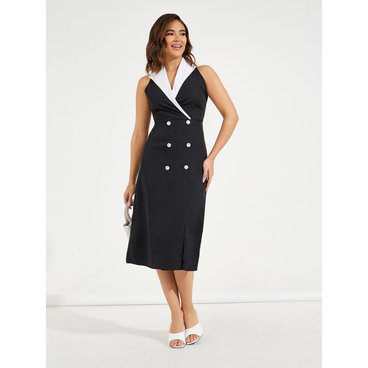 Styli Elevate Contrast Lapel Collar Button Blazer Midi Dress-women-clothing-dresses-image-4