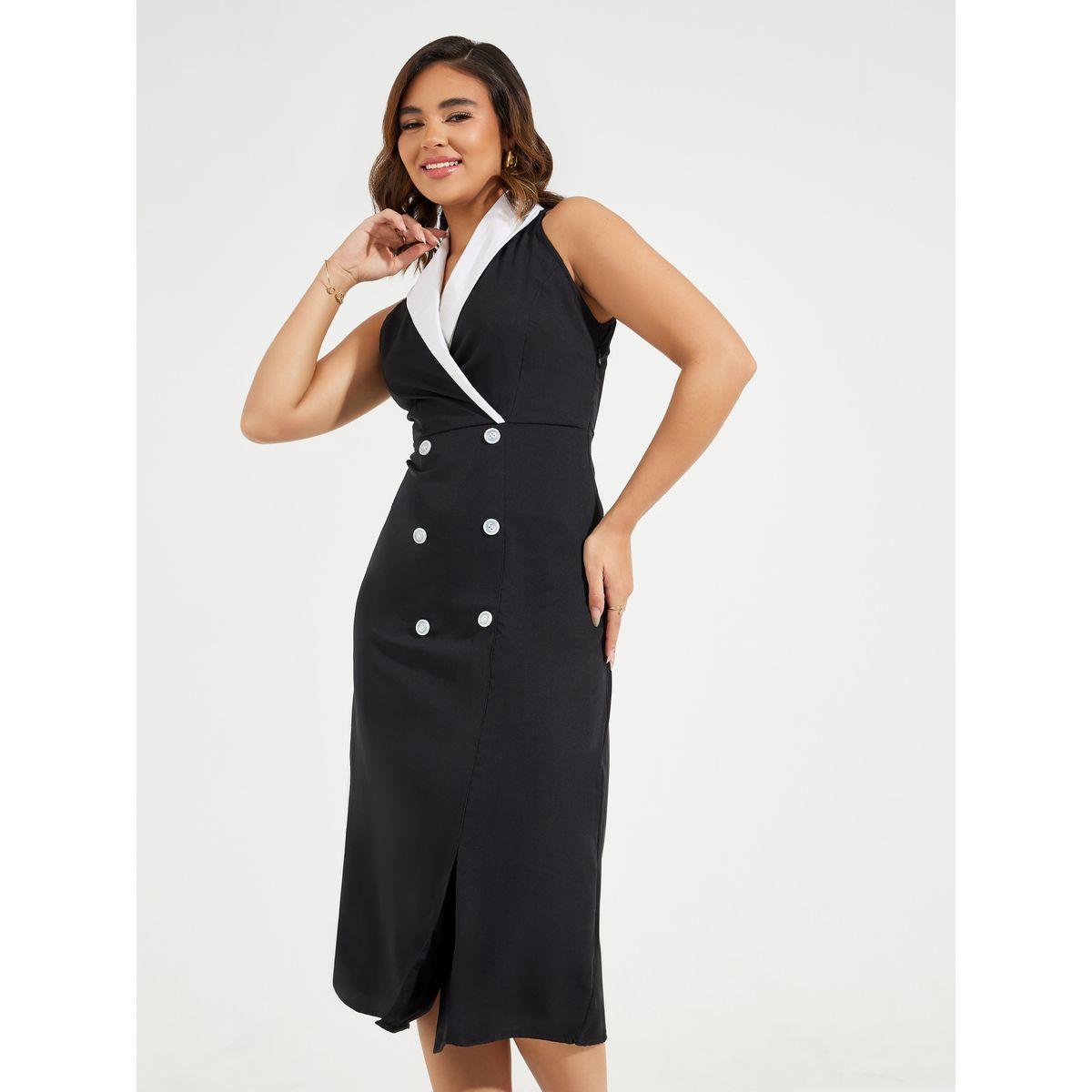 Styli Elevate Contrast Lapel Collar Button Blazer Midi Dress-women-clothing-dresses-image-5