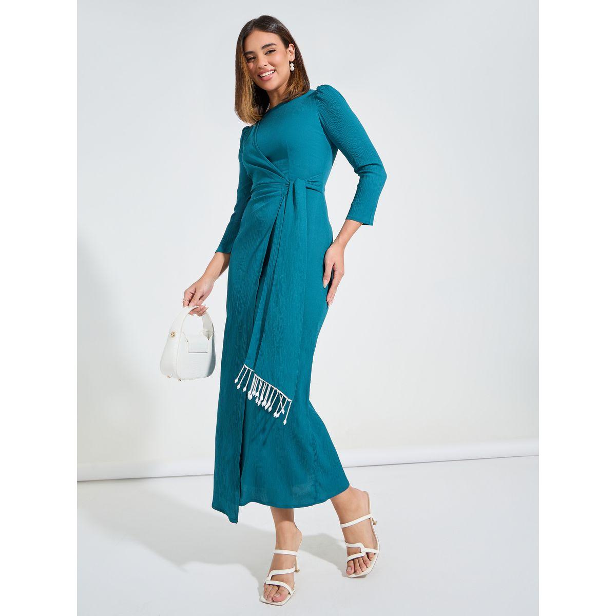 Styli Elevate Solid Wrap Maxi Dress with 3/4 Puff Sleeve & Tassels-women-clothing-dresses-image-1