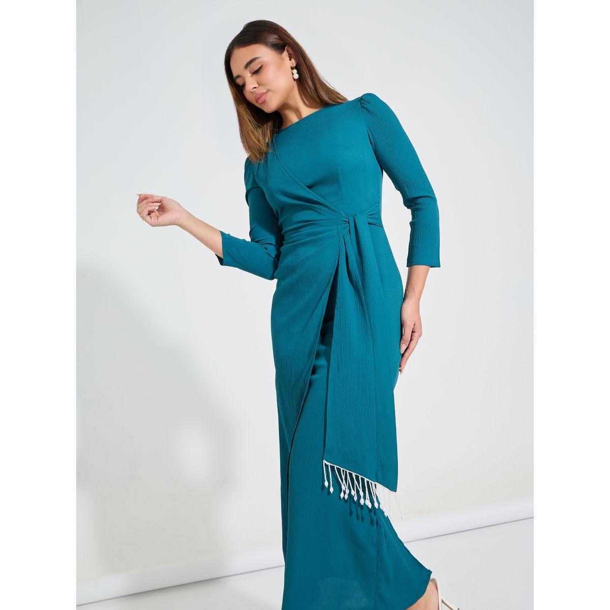 Styli Elevate Solid Wrap Maxi Dress with 3/4 Puff Sleeve & Tassels-women-clothing-dresses-image-2