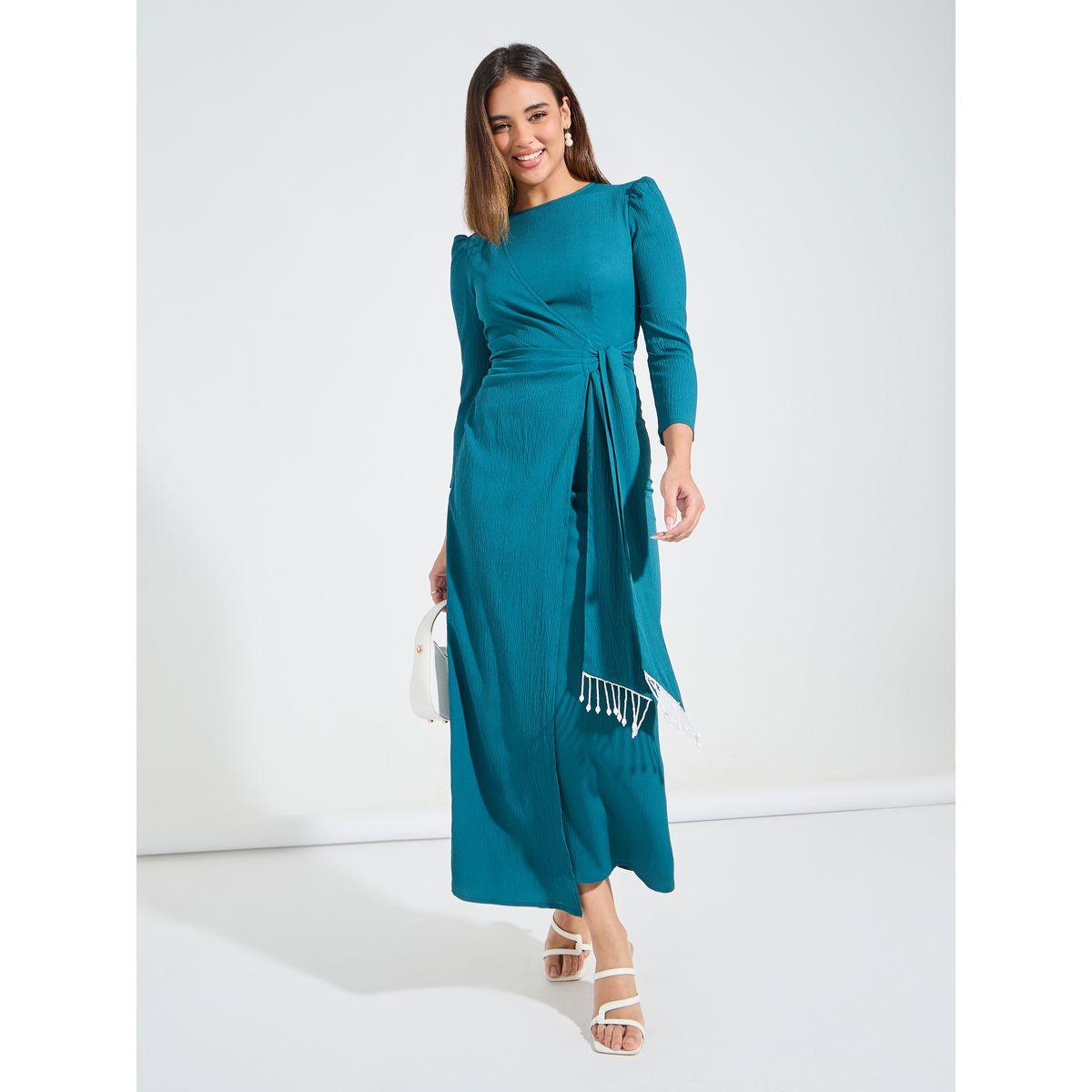 Styli Elevate Solid Wrap Maxi Dress with 3/4 Puff Sleeve & Tassels-women-clothing-dresses-image-3