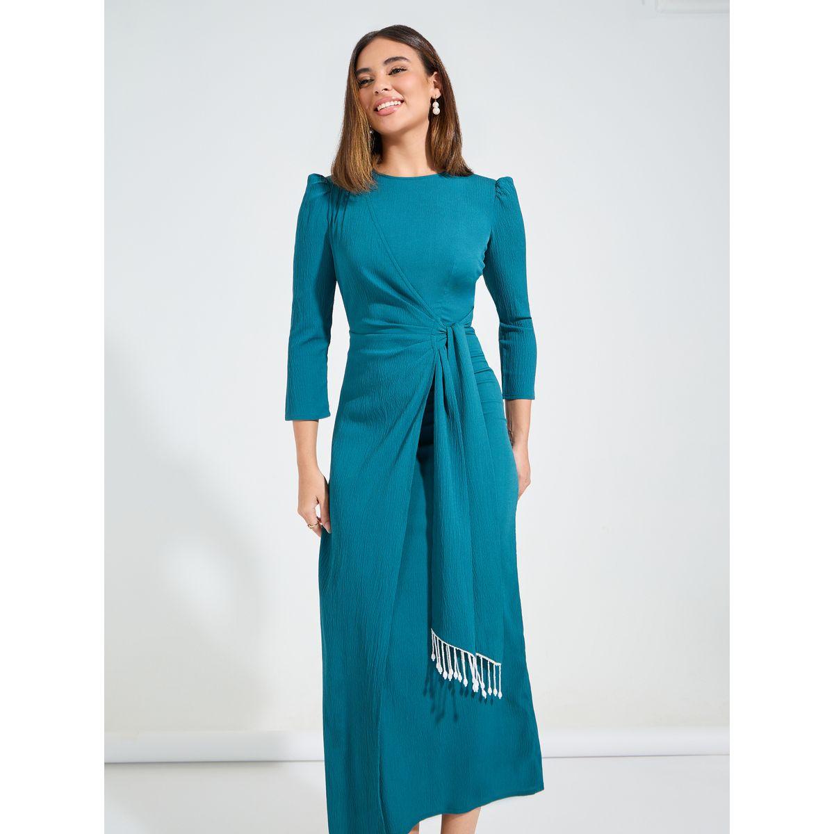 فستان سادة طويل بنمط لف واكمام منفوخة مع شراشيب-women-clothing-dresses-image-4