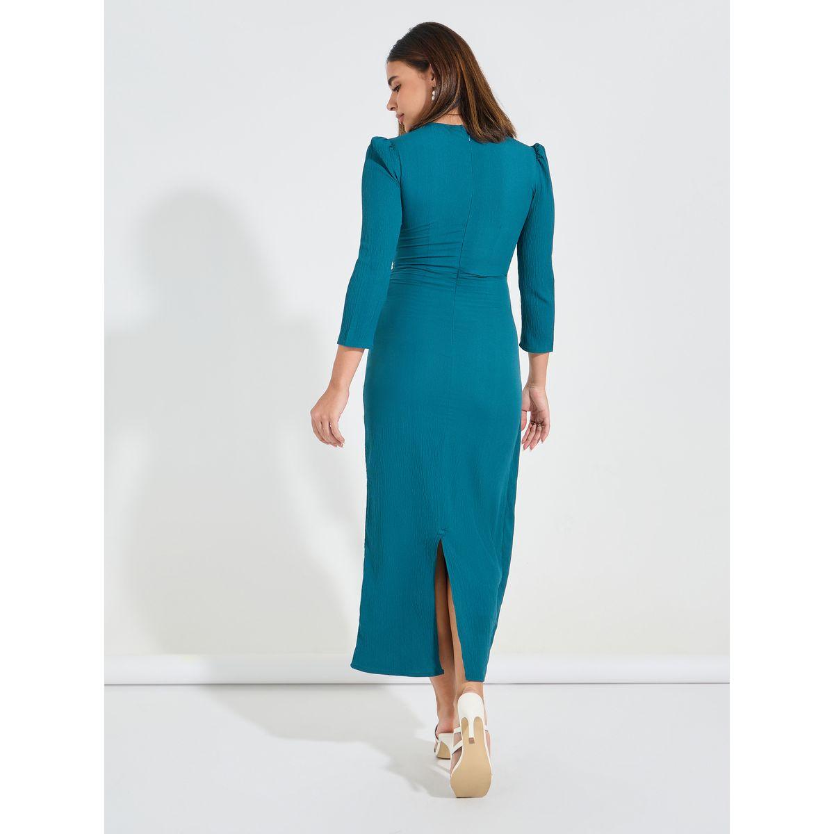 Styli Elevate Solid Wrap Maxi Dress with 3/4 Puff Sleeve & Tassels-women-clothing-dresses-image-6