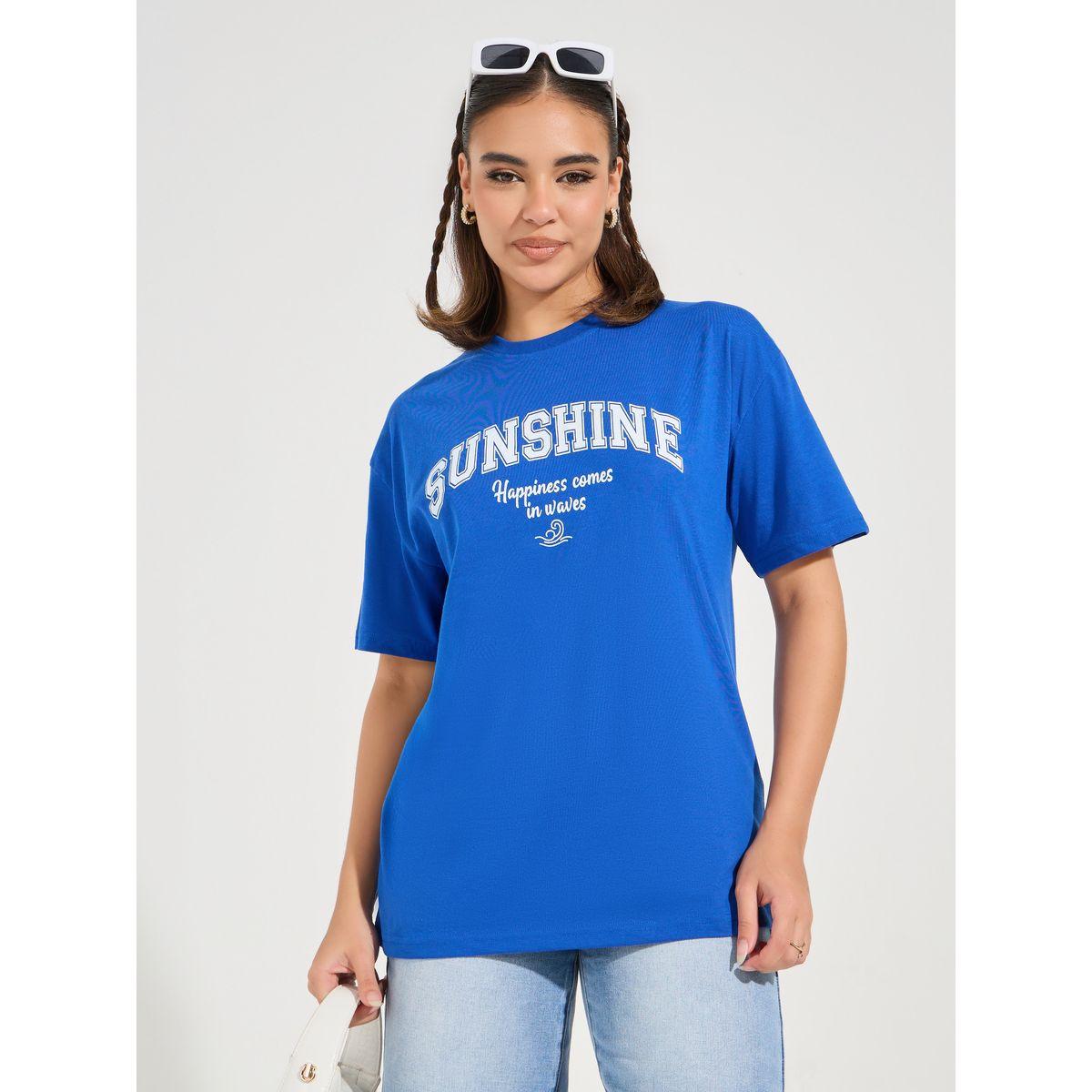 تيشيرت فضفاض مطبع بكتابة مع اكتاف منخفضة-women-clothing-tshirts-image-3
