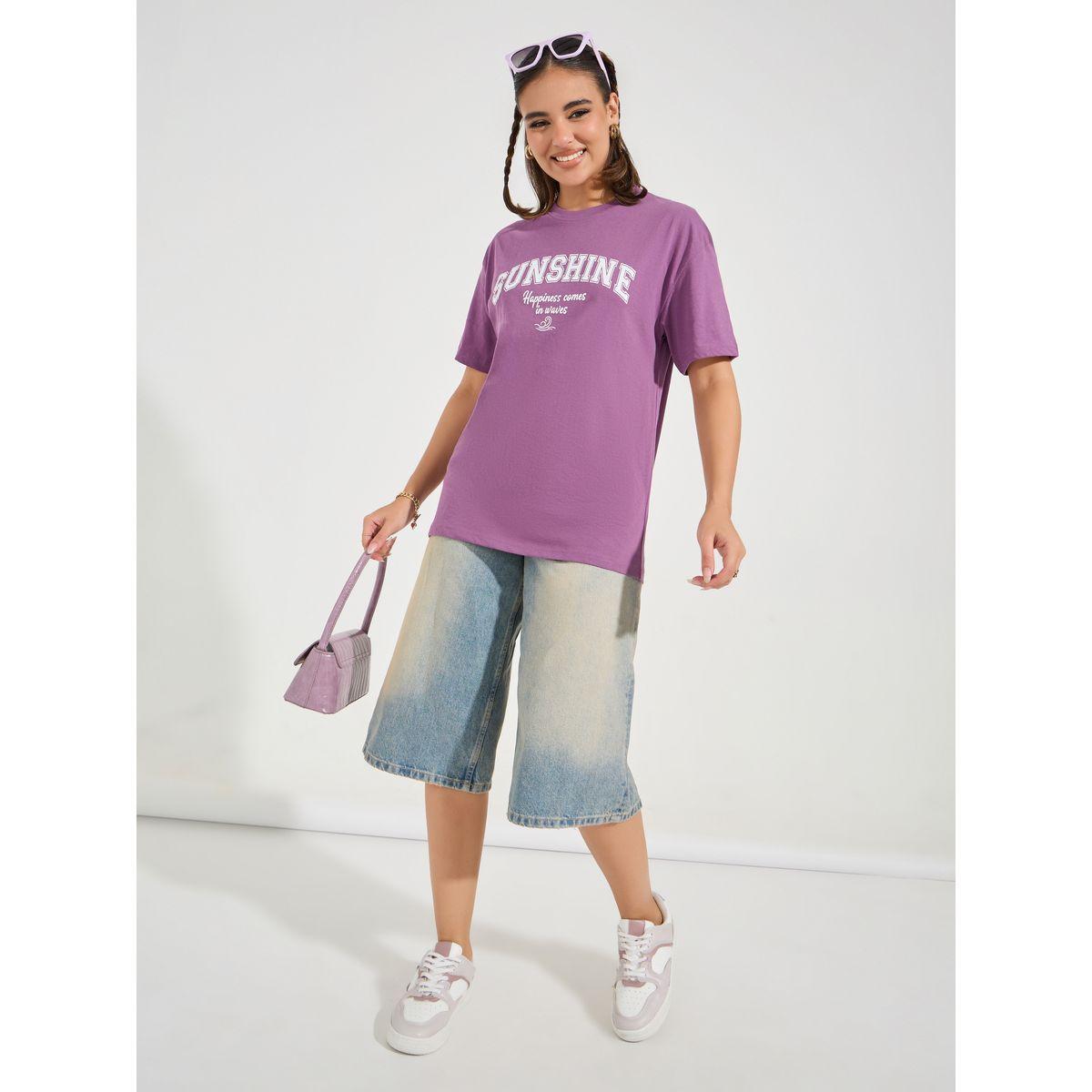تيشيرت فضفاض مطبع بكتابة مع اكتاف منخفضة-women-clothing-tshirts-image-4