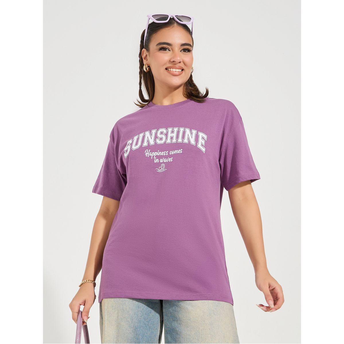 تيشيرت فضفاض مطبع بكتابة مع اكتاف منخفضة-women-clothing-tshirts-image-3