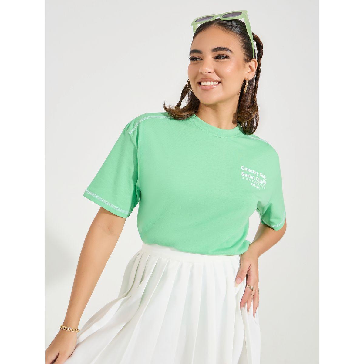 Styli Oversized Slogan Print Contrast Stitch T-Shirt with Dropped Shoulder-women-clothing-tshirts-image-1