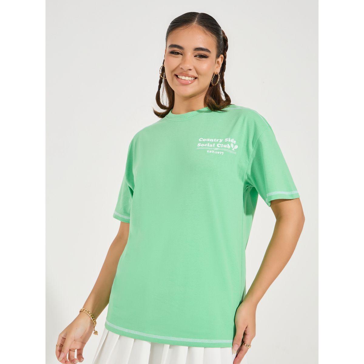 Styli Oversized Slogan Print Contrast Stitch T-Shirt with Dropped Shoulder-women-clothing-tshirts-image-3