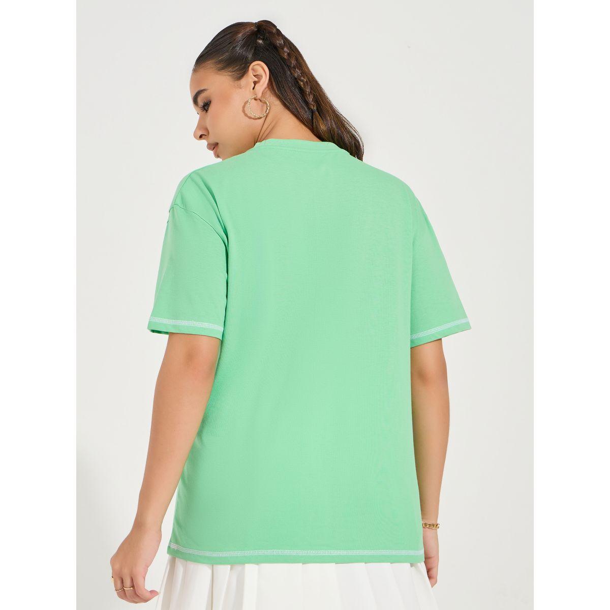 Styli Oversized Slogan Print Contrast Stitch T-Shirt with Dropped Shoulder-women-clothing-tshirts-image-5