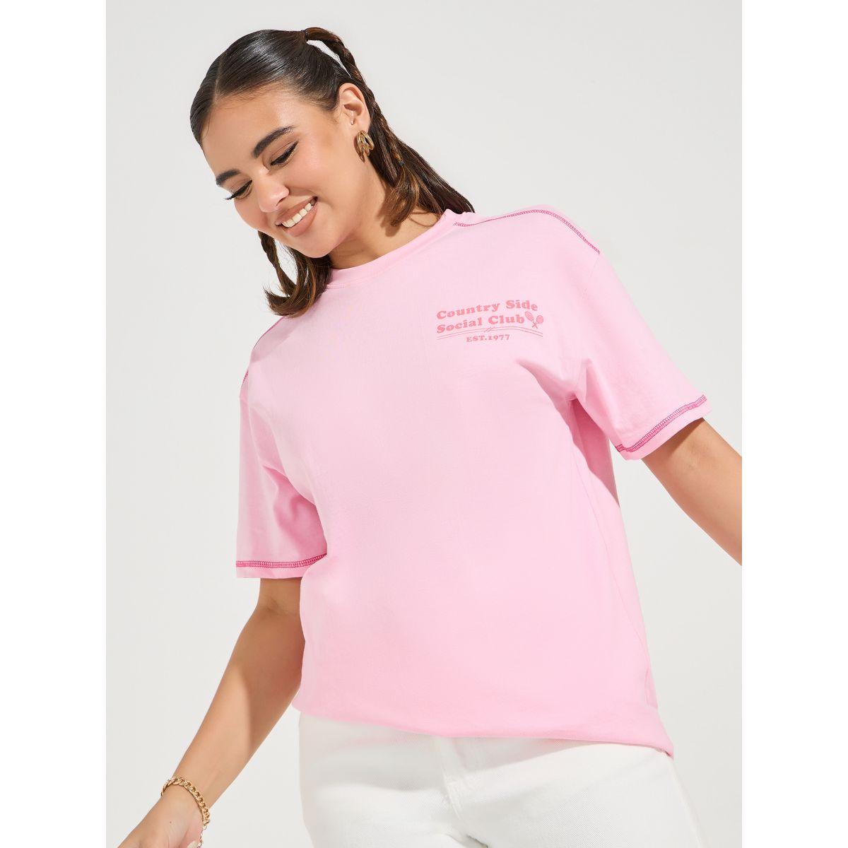 تيشيرت فضفاض مطبع بكتابة مع اكتاف منخفضة-women-clothing-tshirts-image-1