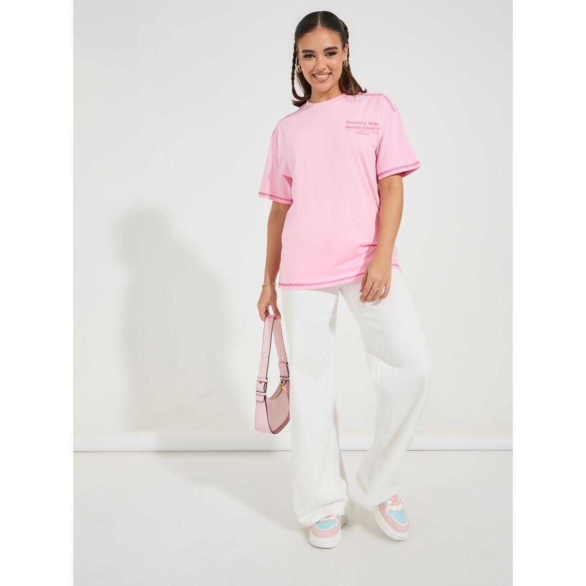Styli Oversized Slogan Print Contrast Stitch T-Shirt with Dropped Shoulder-women-clothing-tshirts-image-2