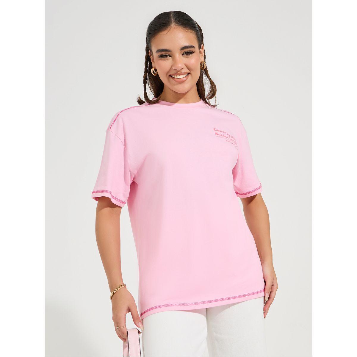 Styli Oversized Slogan Print Contrast Stitch T-Shirt with Dropped Shoulder-women-clothing-tshirts-image-3