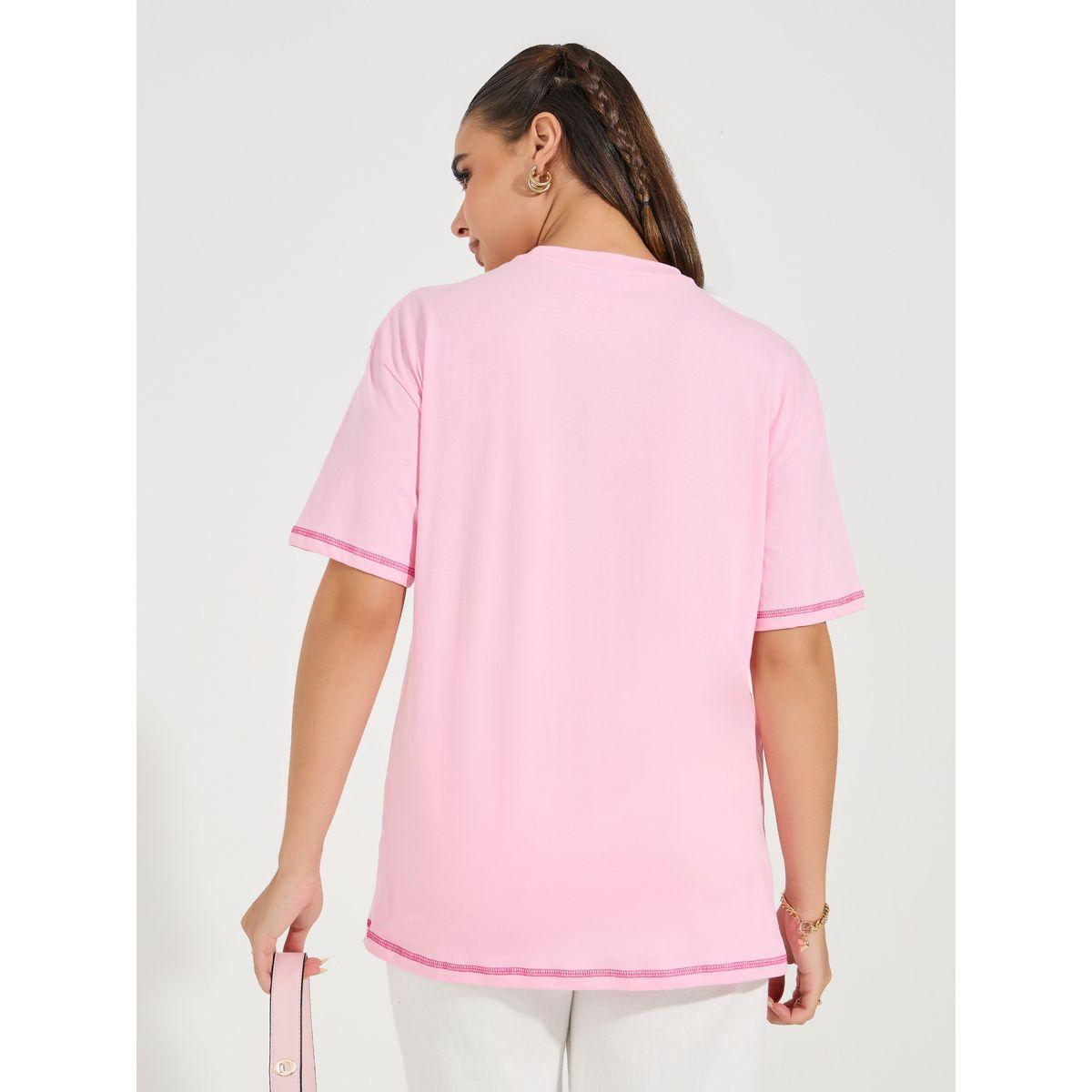 Styli Oversized Slogan Print Contrast Stitch T-Shirt with Dropped Shoulder-women-clothing-tshirts-image-5